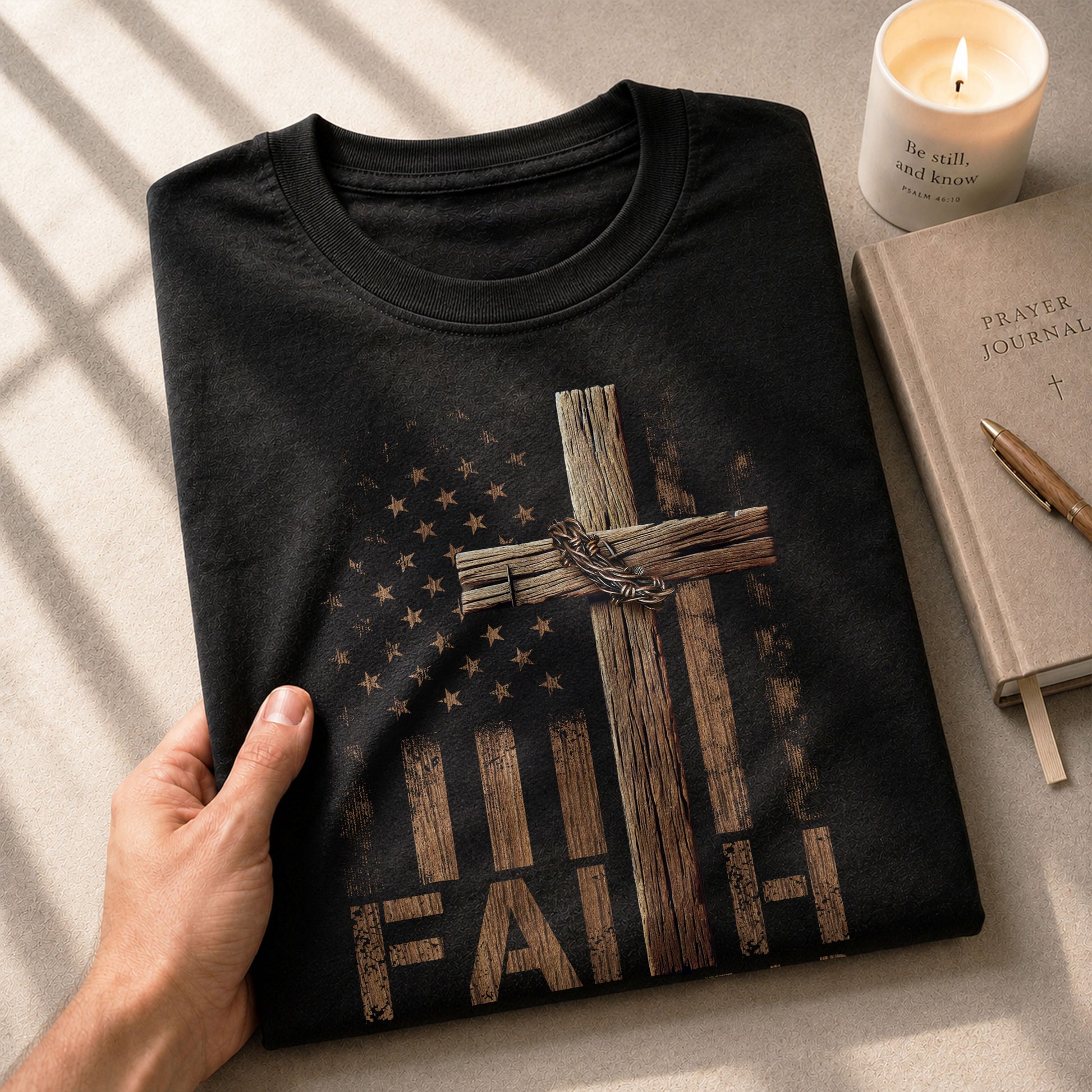 Faith Over Fear Wooden Cross American Flag Christian - Christian Shirts for Men, Faith Based Christian Tee Shirts - Rust Field Wear