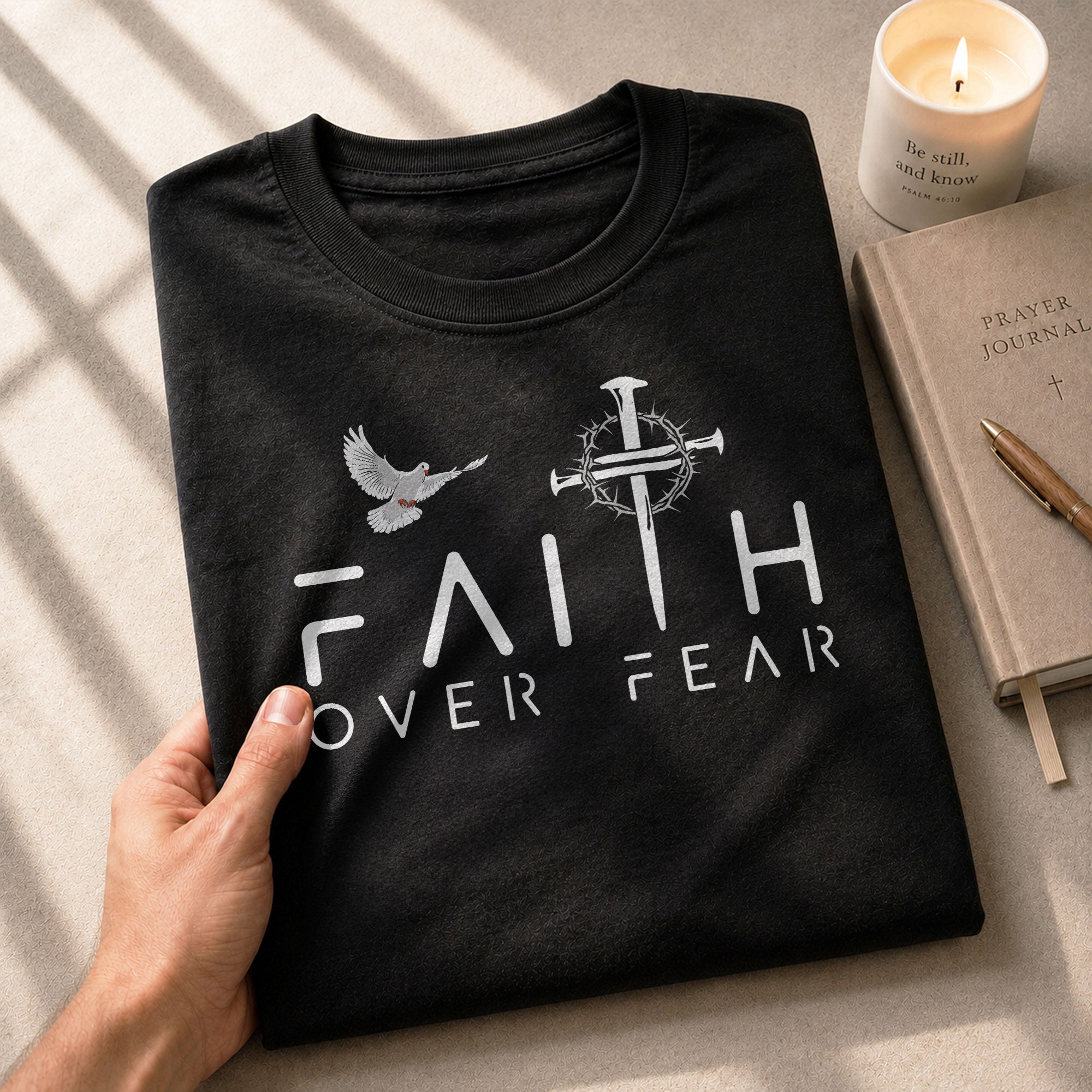 Christian Shirts for Men - Faith Over Fear Dove and Nail Cross Christian, Christian Tee Shirts - Rust Field Wear