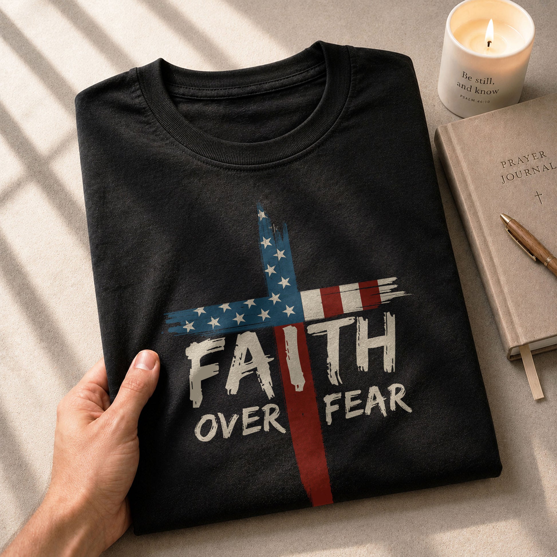 Christian Tee Shirts, Faith Over Fear USA Flag Cross Christian - Christian Shirts for Men - Rust Field Wear
