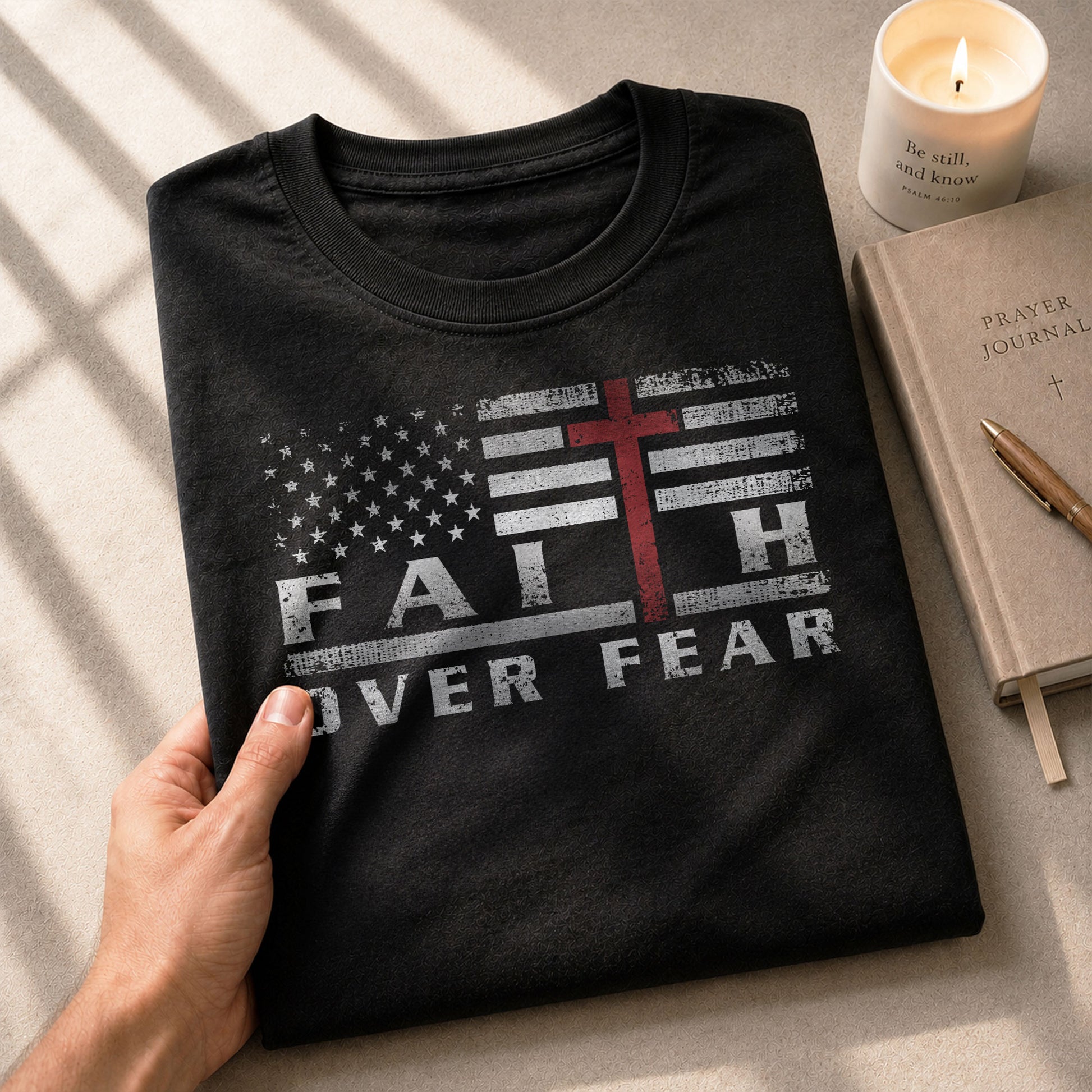 Faith Over Fear USA Flag Red Cross Christian - Christian Tee Shirts, Christian Shirts for Men - Rust Field Wear