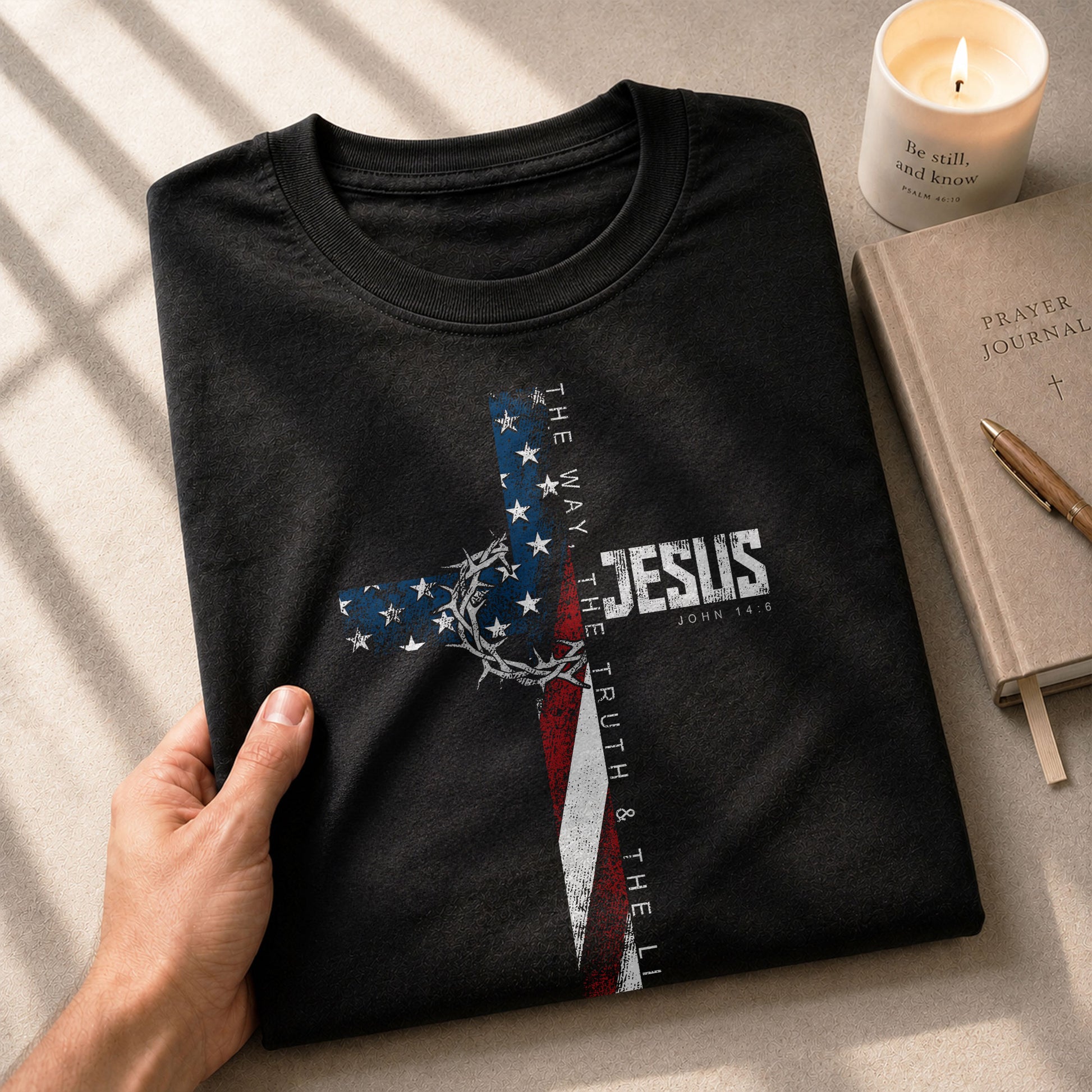 Christian Shirts for Men, Jesus John 14:6 American Flag Cross Crown Christian - Christian Tee Shirts - Rust Field Wear