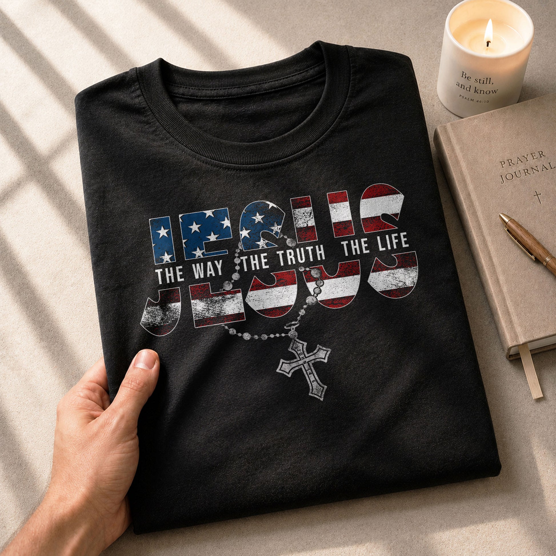 Jesus The Way The Truth The Life USA Flag Rosary Cross Christian, Christian Tee Shirts - Faith Shirts for Men - Rust Field Wear