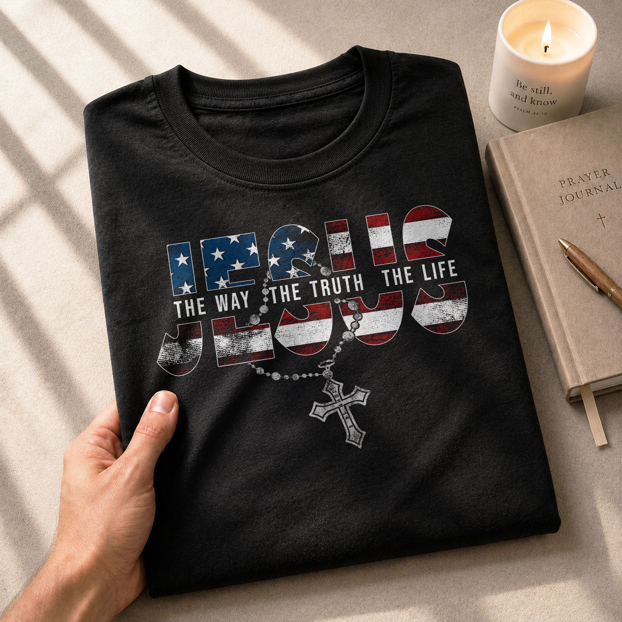Jesus The Way The Truth The Life USA Flag Rosary Cross Christian, Christian Tee Shirts - Faith Shirts for Men - Rust Field Wear