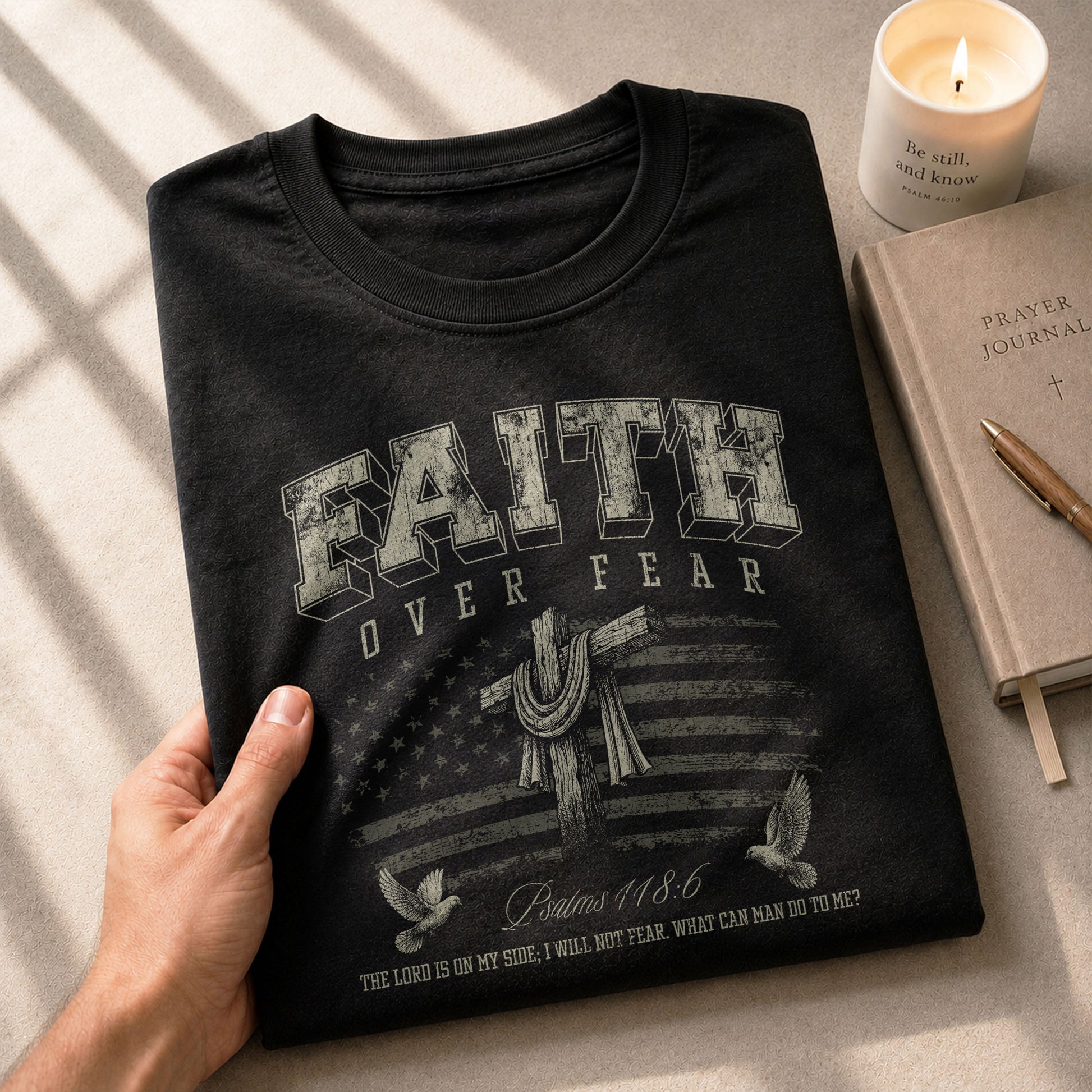 Christian Shirts for Men - Faith Over Fear American Flag Cross Doves Psalms 118:6 Christian, Christian Tee Shirts - Rust Field Wear