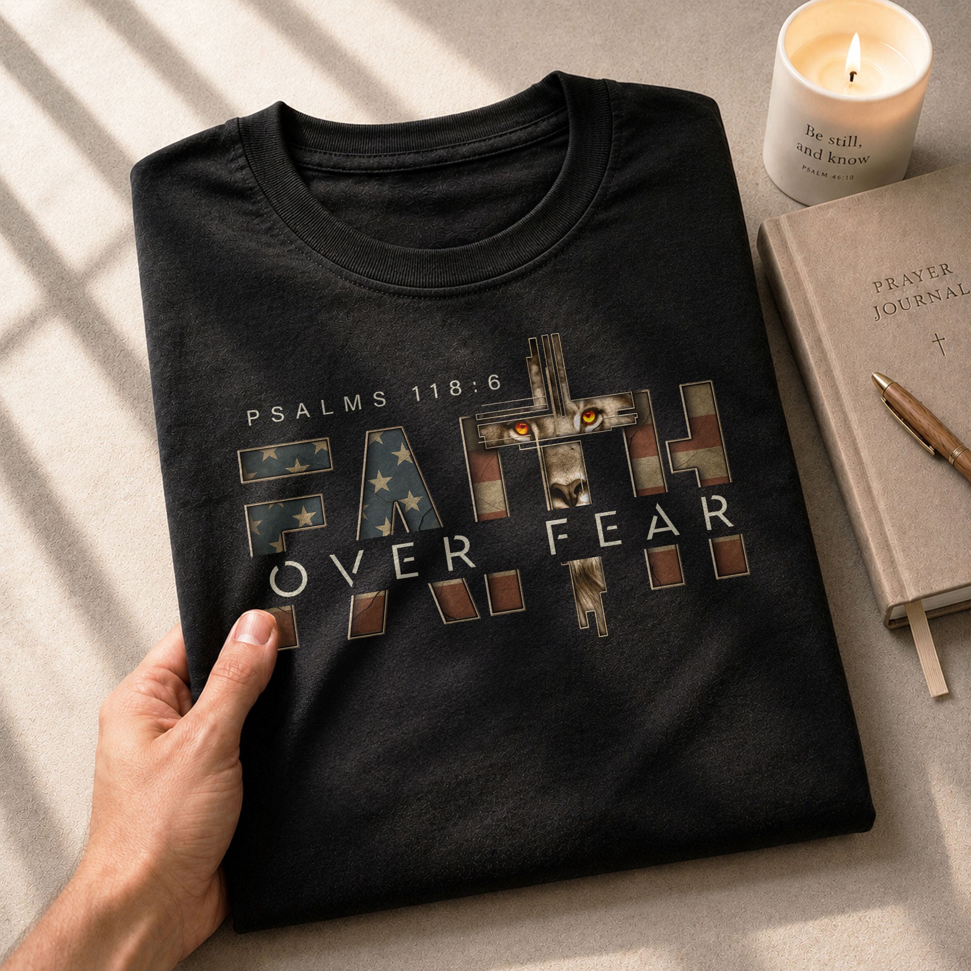 Faith Over Fear Lion Cross American Flag Psalms 118:6 Christian, Christian Tee Shirts - Faith Shirts for Men - Rust Field Wear