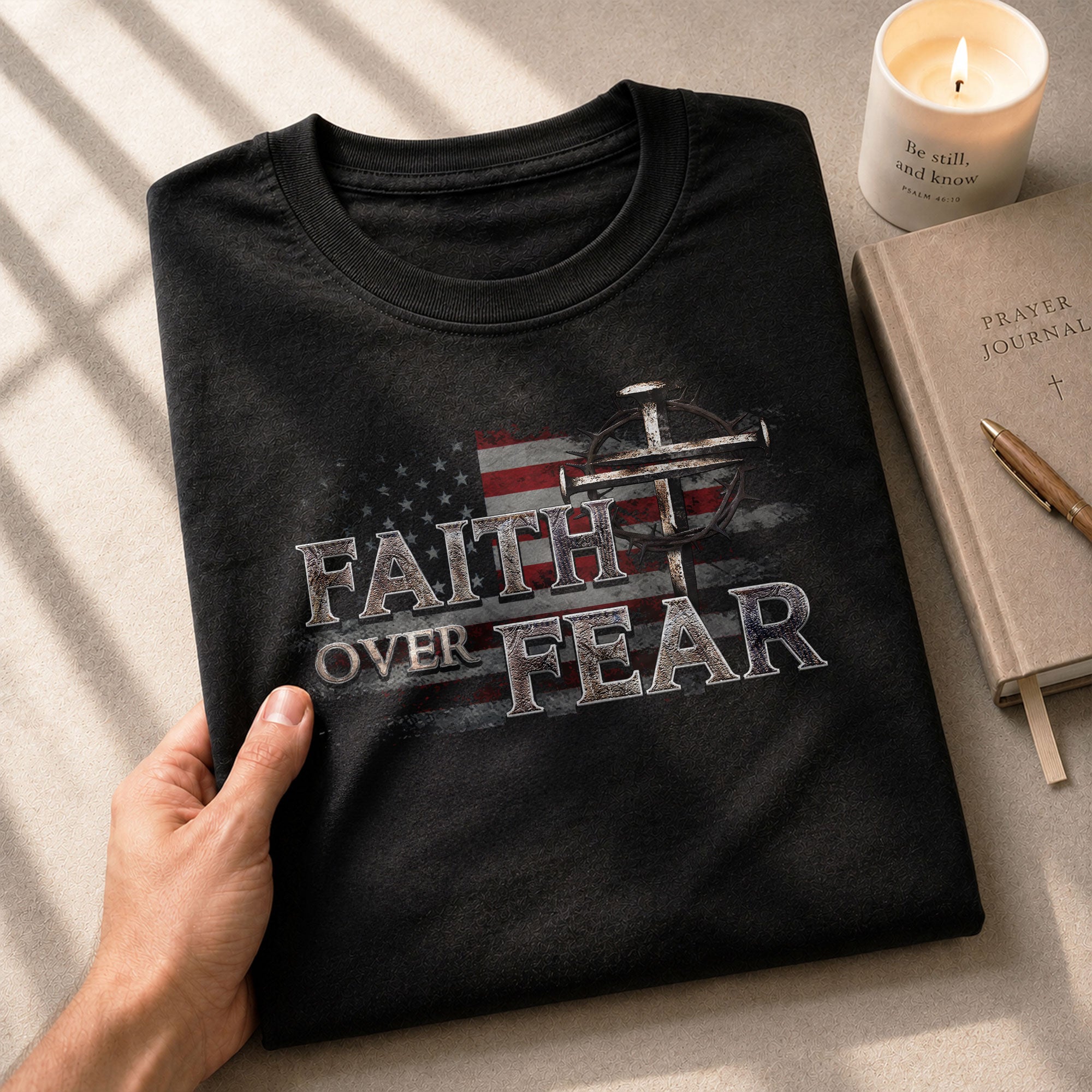 Christian Tee Shirts, Faith Over Fear Christian American Flag Cross Shield Design - Christian Shirts for Men - Rust Field Wear
