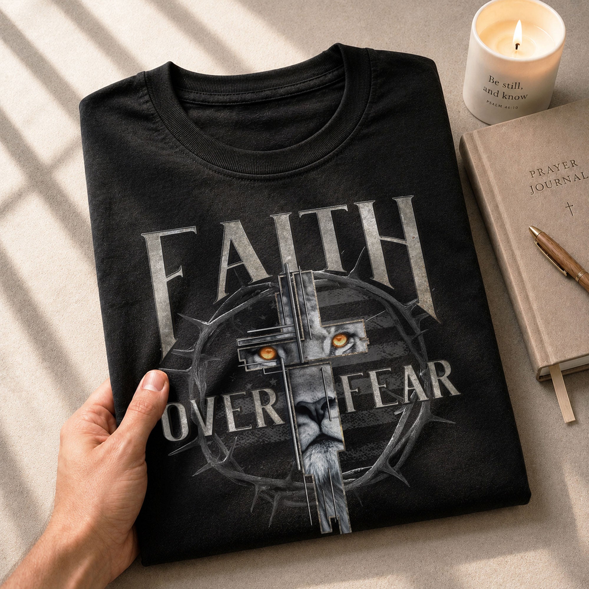 Faith Over Fear Christian Lion Cross Crown Design - Christian Tee Shirts, Christian Shirts for Men - Rust Field Wear