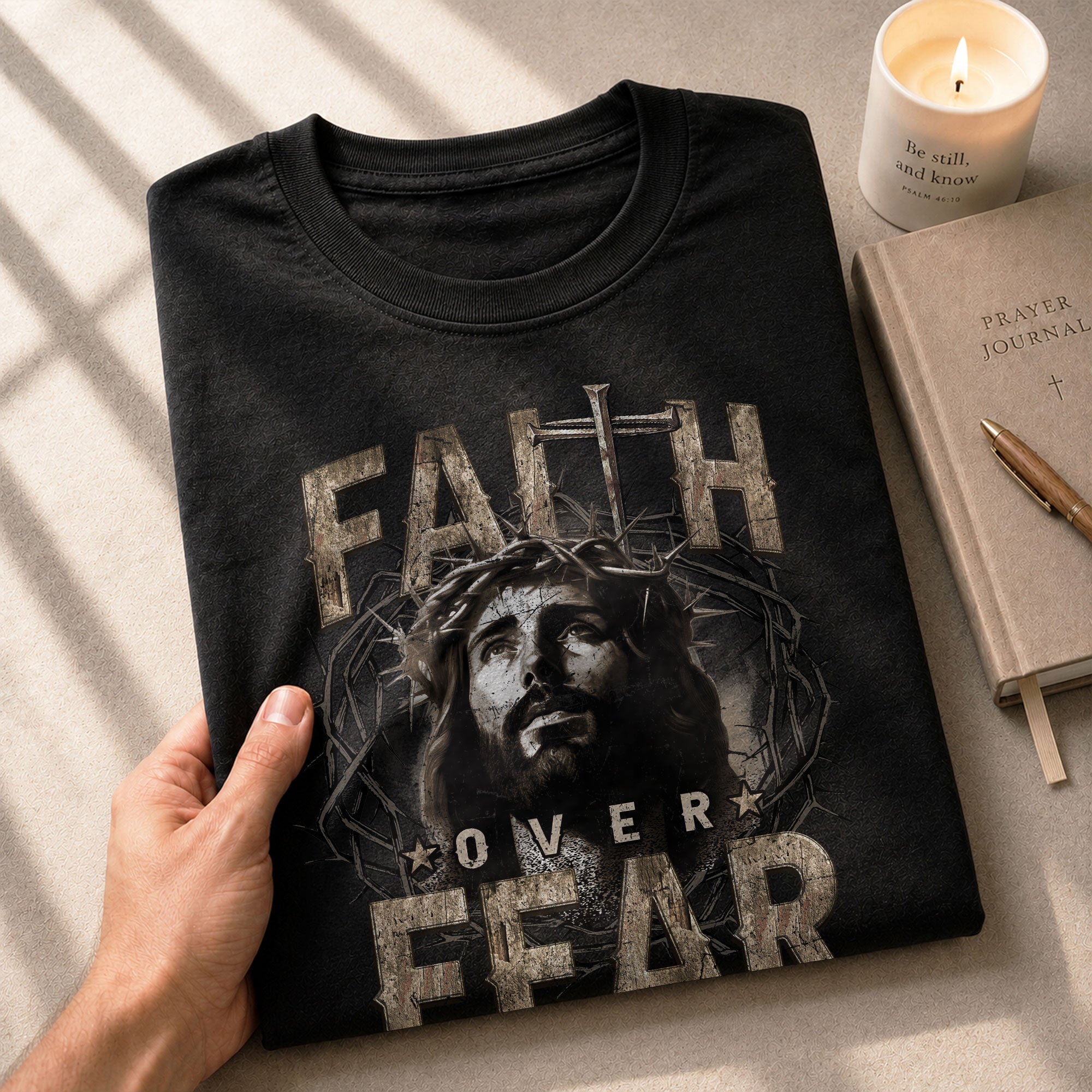 Faith Over Fear Christian Jesus Crown Cross Design, Christian Tee Shirts - Faith Shirts for Men - Rust Field Wear