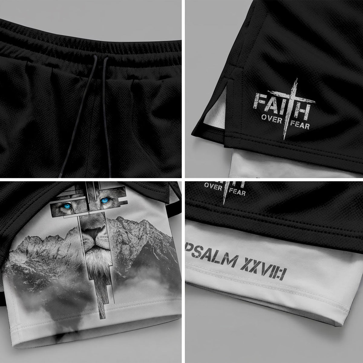 Faith Over Fear Christian Gym Shorts for Men Lion Cross Design - Rust Field Wear