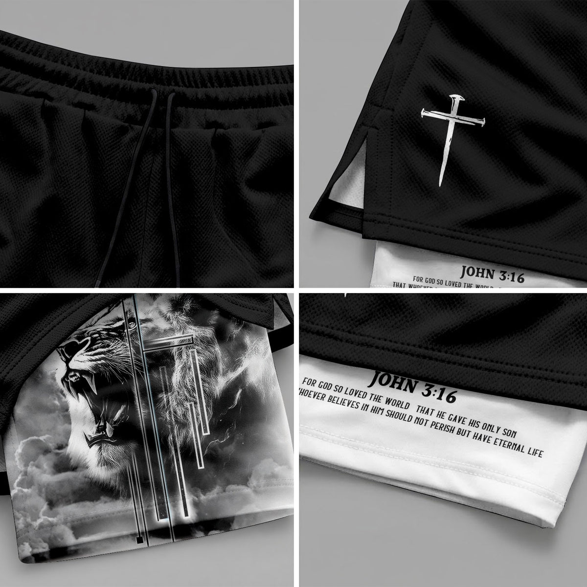 John 3:16 Christian Gym Shorts for Men Lion Cross Bible Verse - Rust Field Wear