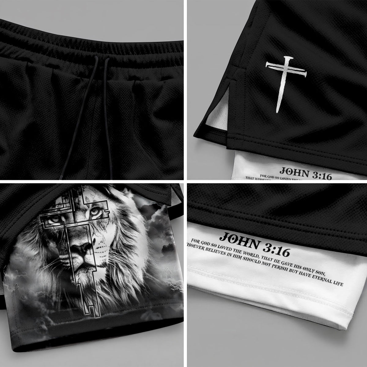 John 3:16 Christian Gym Shorts for Men Lion Cross Faith Shorts - Rust Field Wear