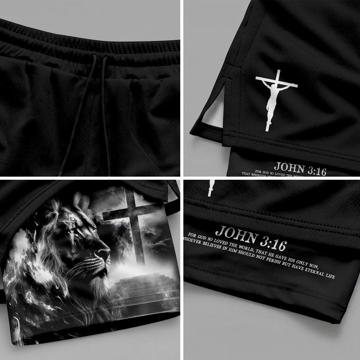 John 3:16 Christian Gym Shorts for Men Lion Cross Jesus Design - Rust Field Wear