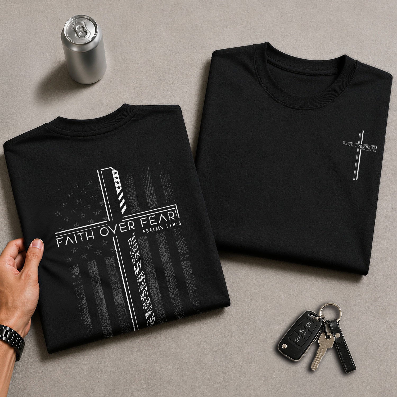 Faith Over Fear Cross American Flag Psalm 118:6 Christian - Christian Shirts for Men, Faith Based Christian Tee Shirts - Rust Field Wear