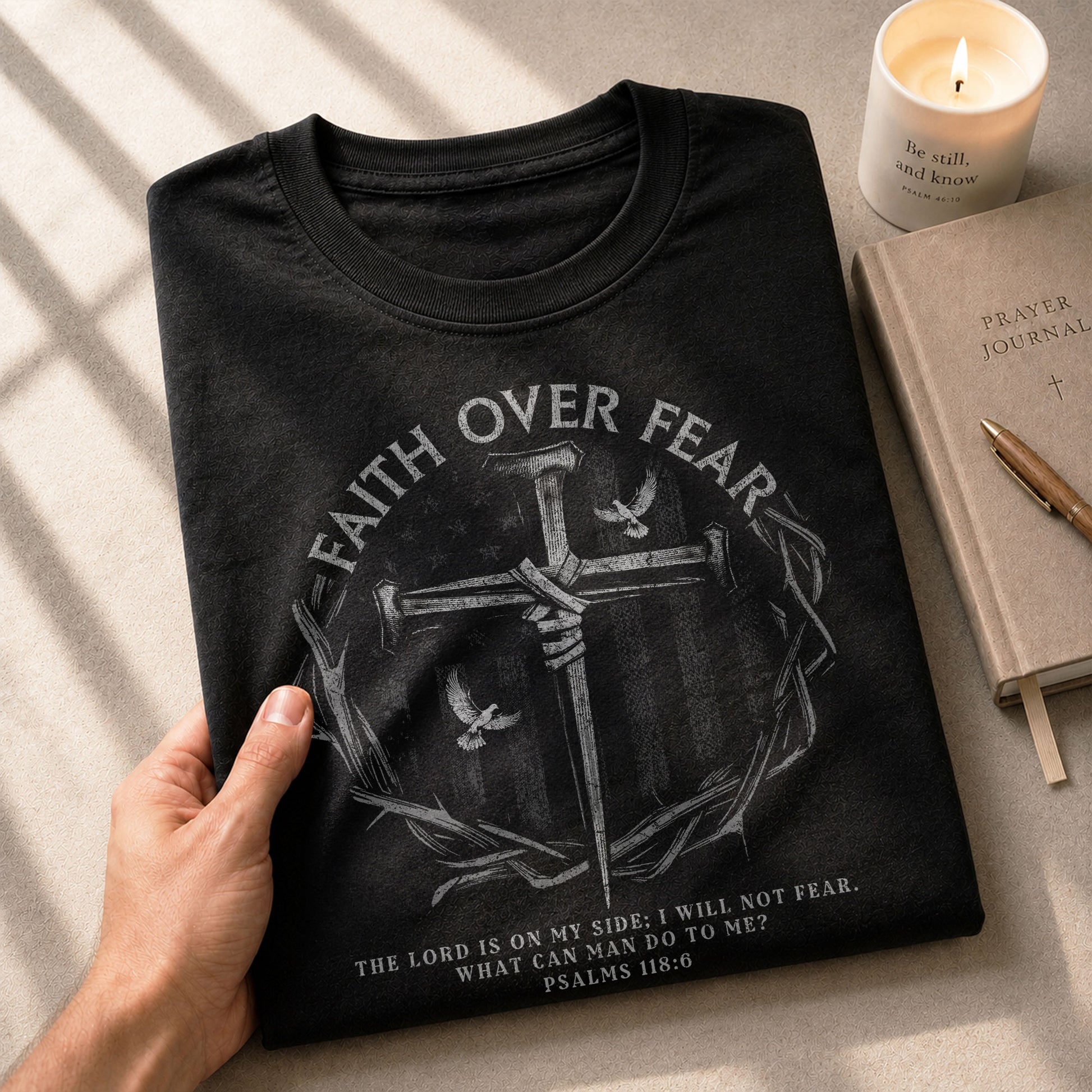Christian Tee Shirts, Faith Over Fear American Flag Psalm 118:6 Christian - Christian Shirts for Men - Rust Field Wear