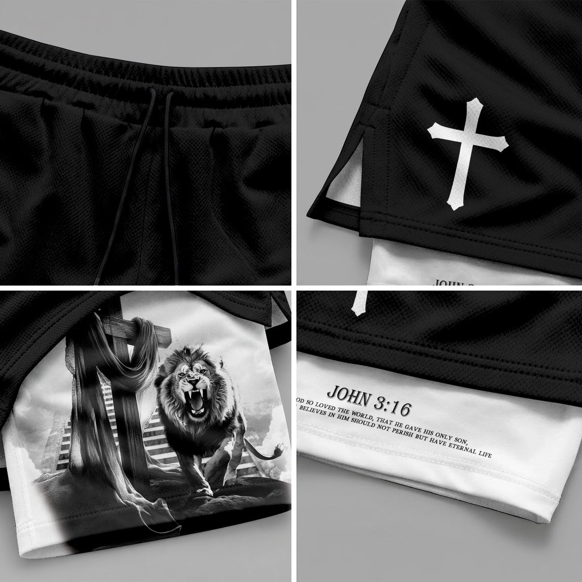 Christian Lion Cross Shorts for Men John 3:16 Bible Verse - Rust Field Wear