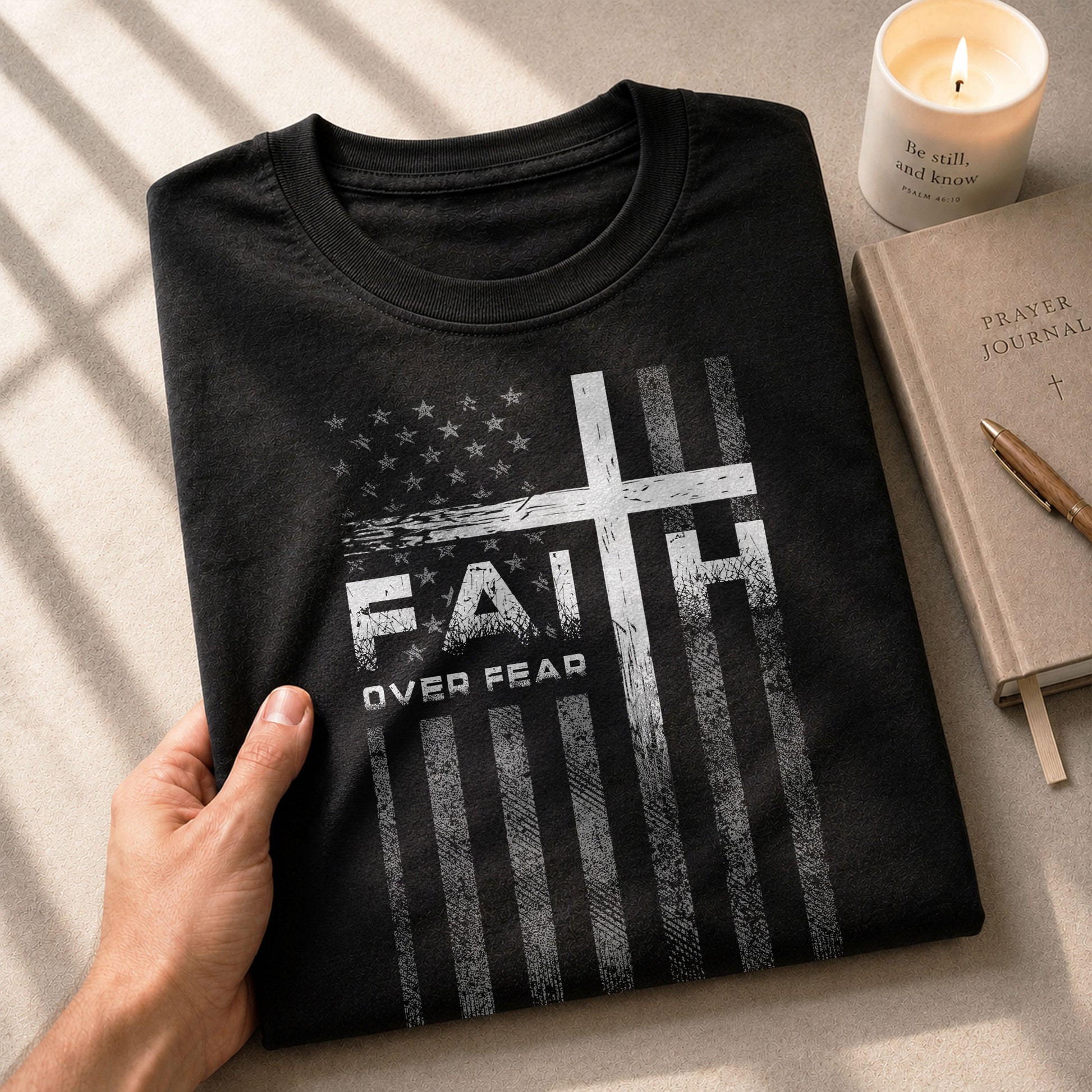 Christian Shirts for Men, Faith Over Fear Christian Cross American Flag Design - Christian Tee Shirts - Rust Field Wear
