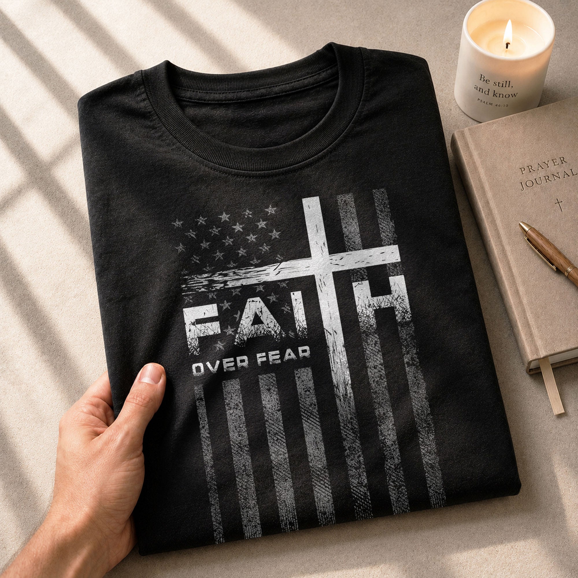 Christian Shirts for Men, Faith Over Fear Christian Cross American Flag Design - Christian Tee Shirts - Rust Field Wear