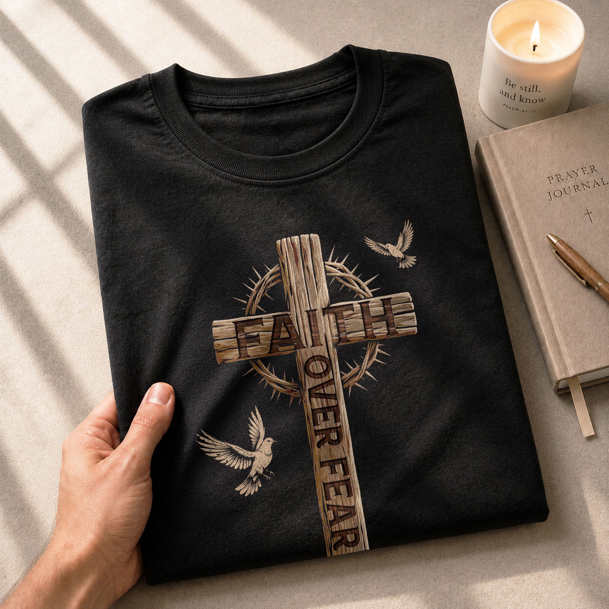 Faith Over Fear Christian Wooden Cross Crown of Thorns Design, Christian Tee Shirts - Faith Shirts for Men - Rust Field Wear