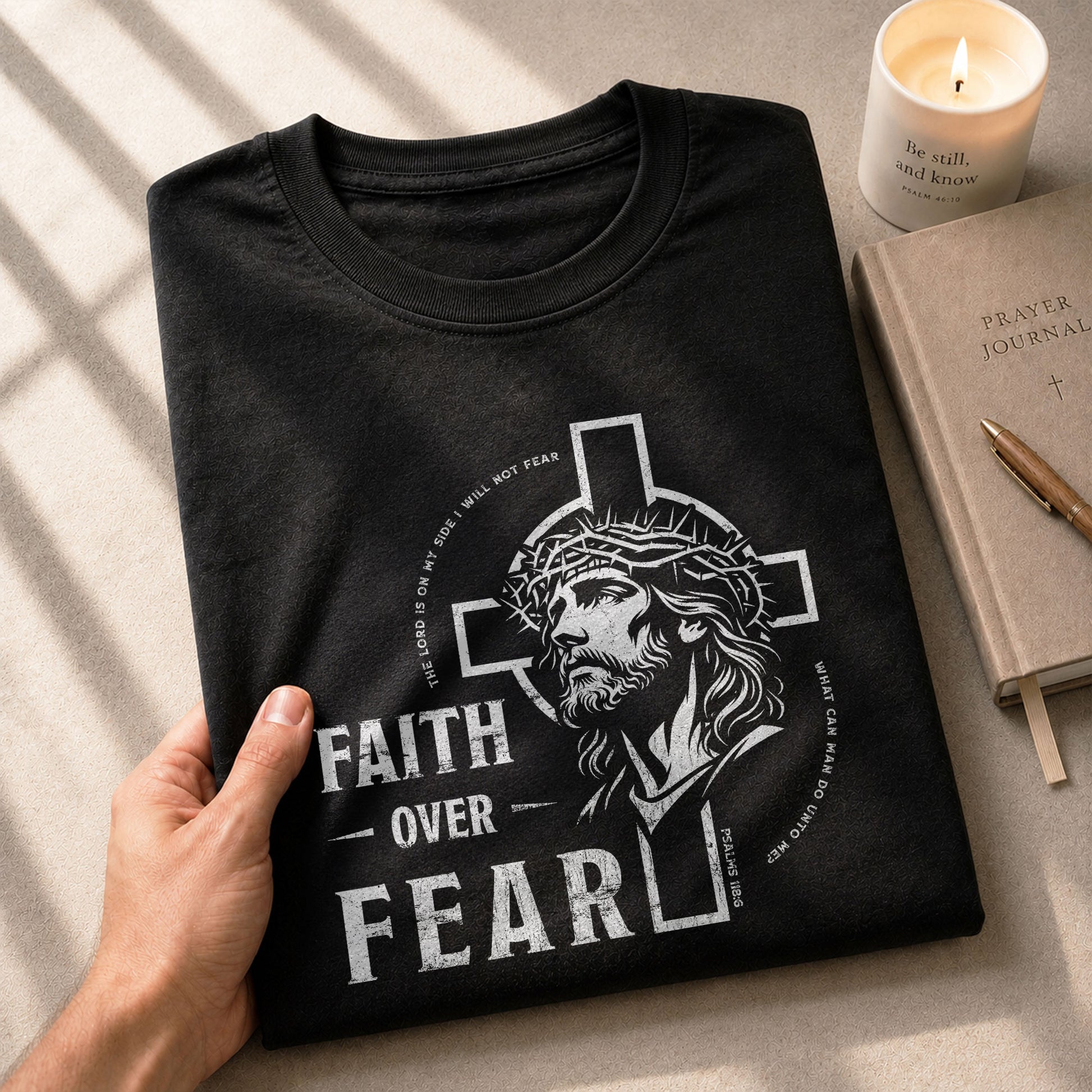 Faith Based Christian Tee Shirts, Faith Over Fear Christian Jesus Cross Crown of Thorns Design - Christian Shirts for Men - Rust Field Wear