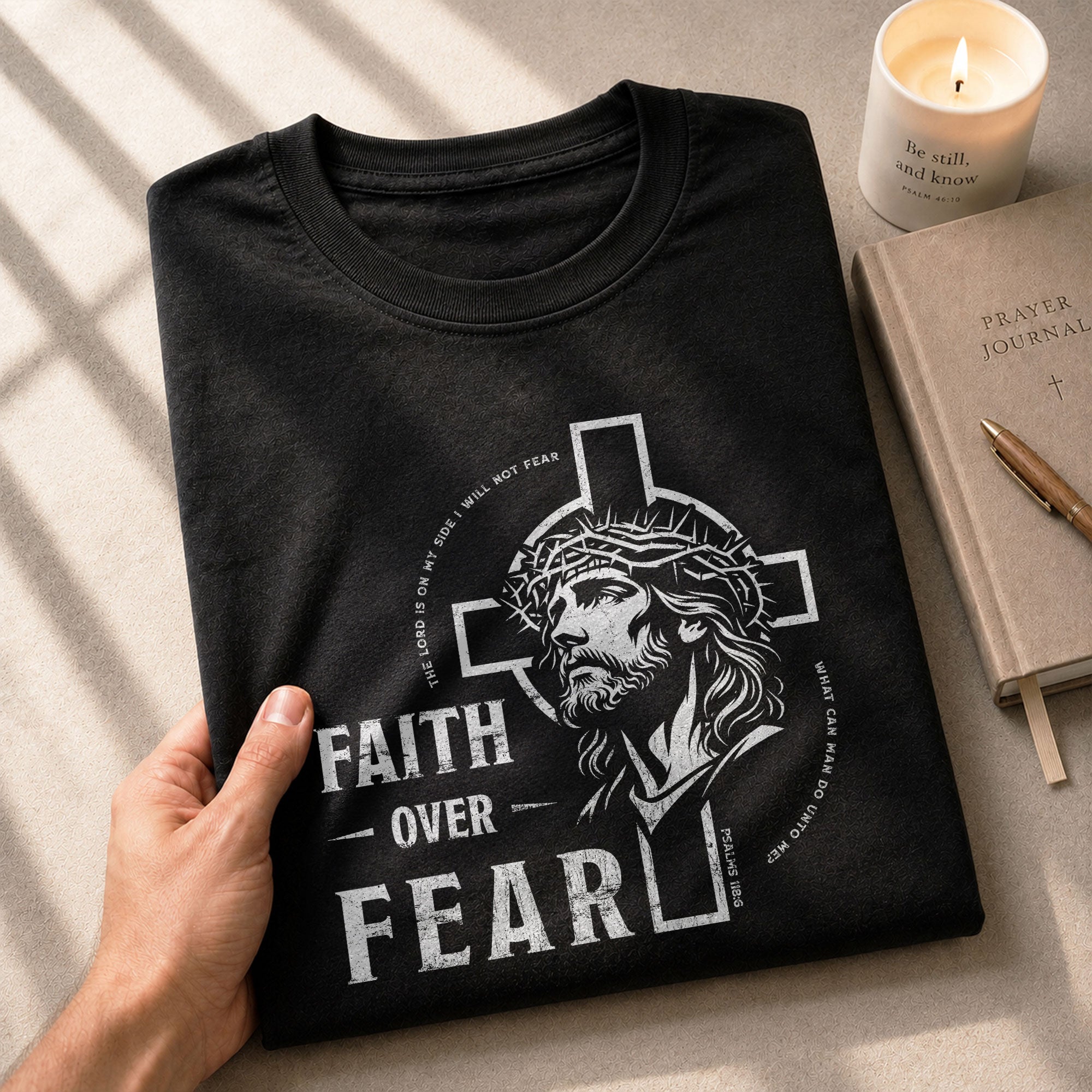 Faith Based Christian Tee Shirts, Faith Over Fear Christian Jesus Cross Crown of Thorns Design - Christian Shirts for Men - Rust Field Wear