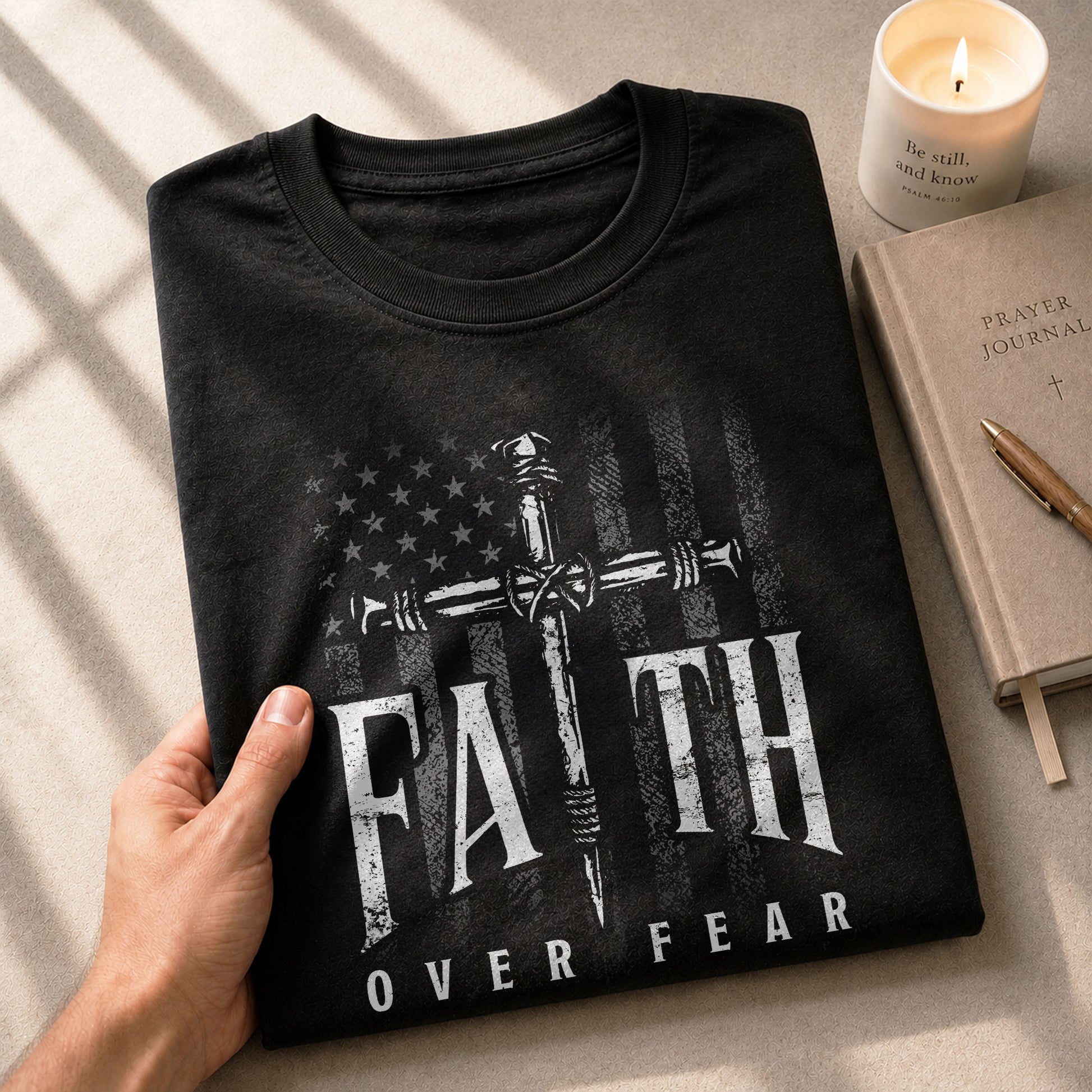 Christian Shirts for Men - Faith Over Fear Christian American Flag Cross Sword Design, Christian Tee Shirts - Rust Field Wear