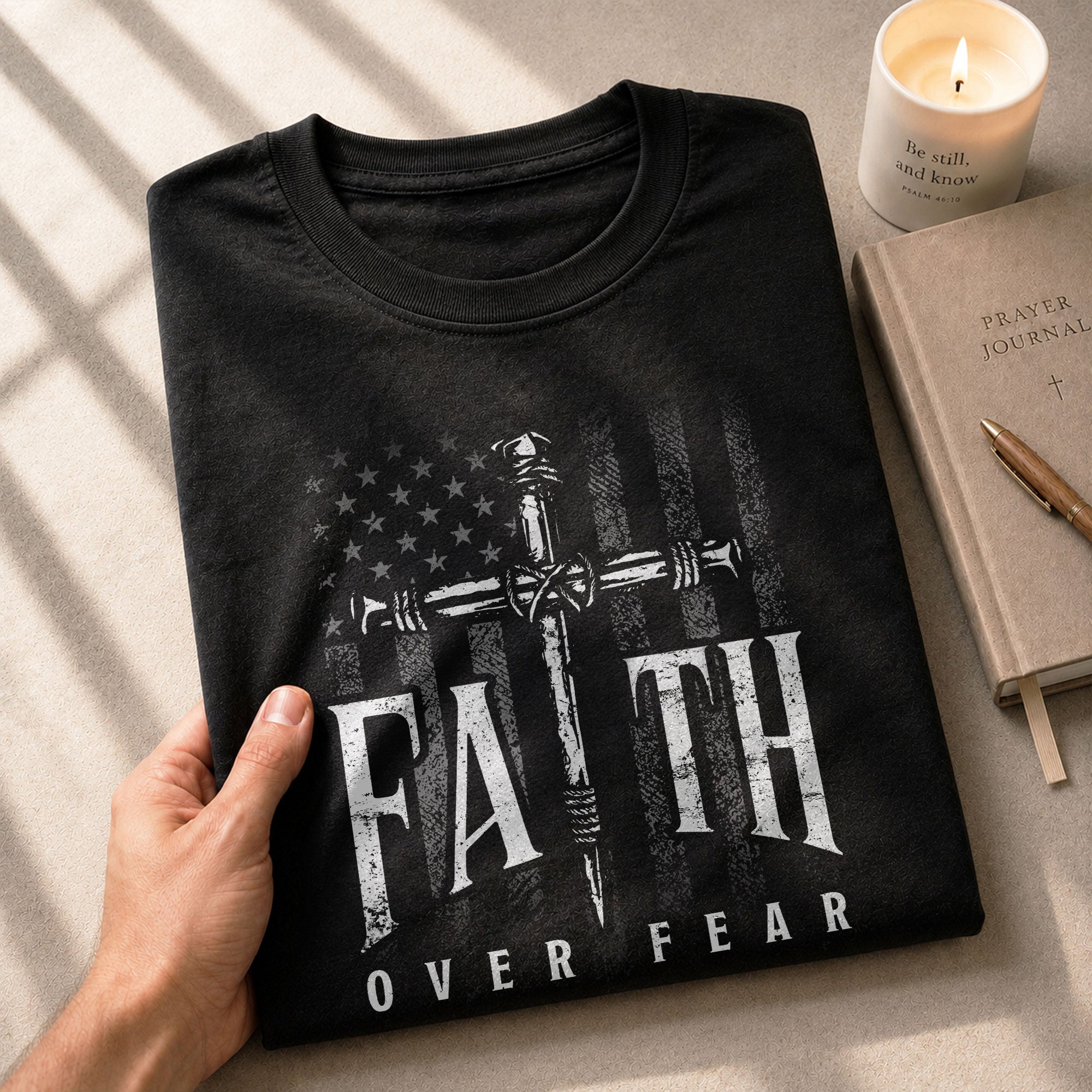 Christian Shirts for Men - Faith Over Fear Christian American Flag Cross Sword Design, Christian Tee Shirts - Rust Field Wear