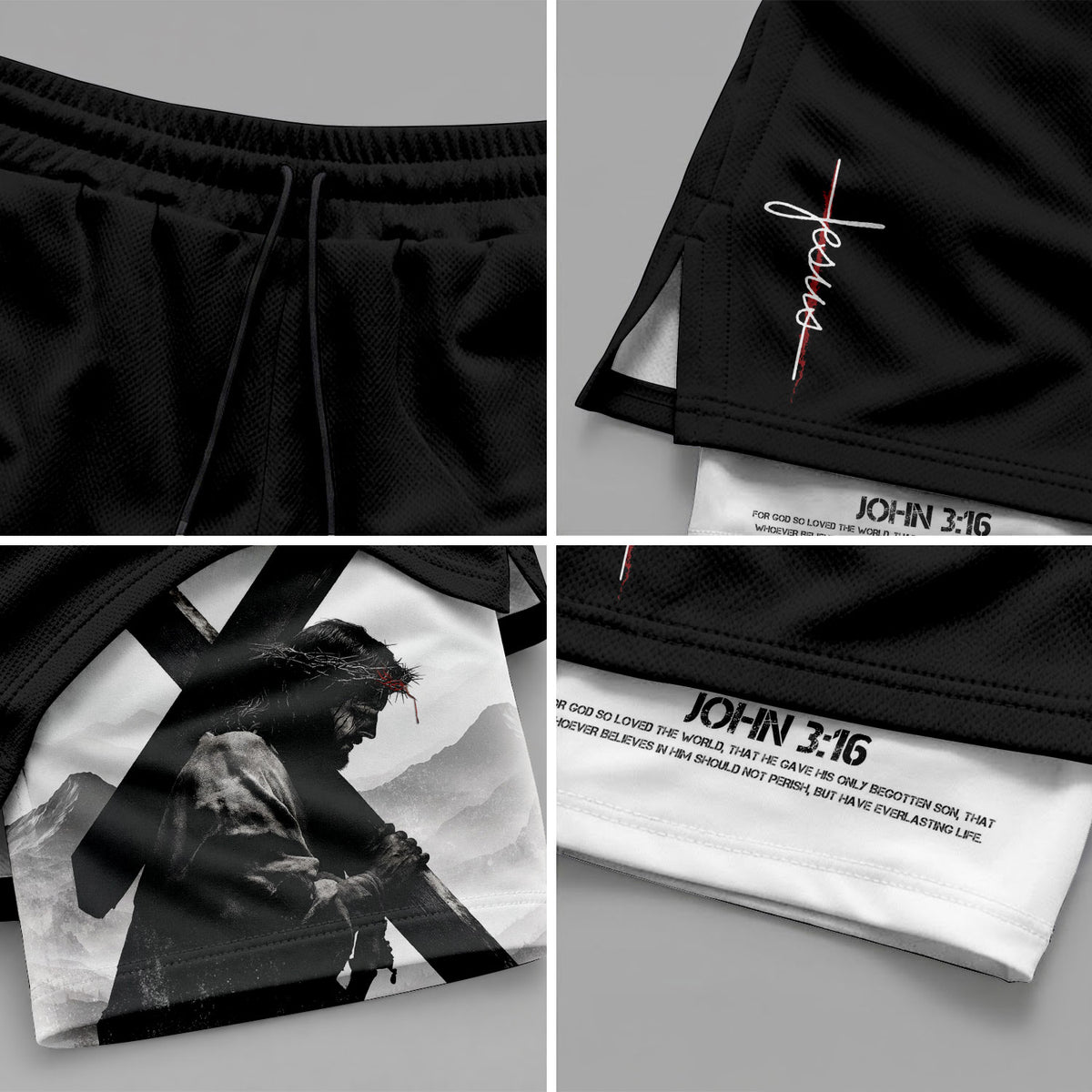 John 3:16 Christian Gym Shorts for Men with Liner Jesus Cross Design Religious - Rust Field Wear