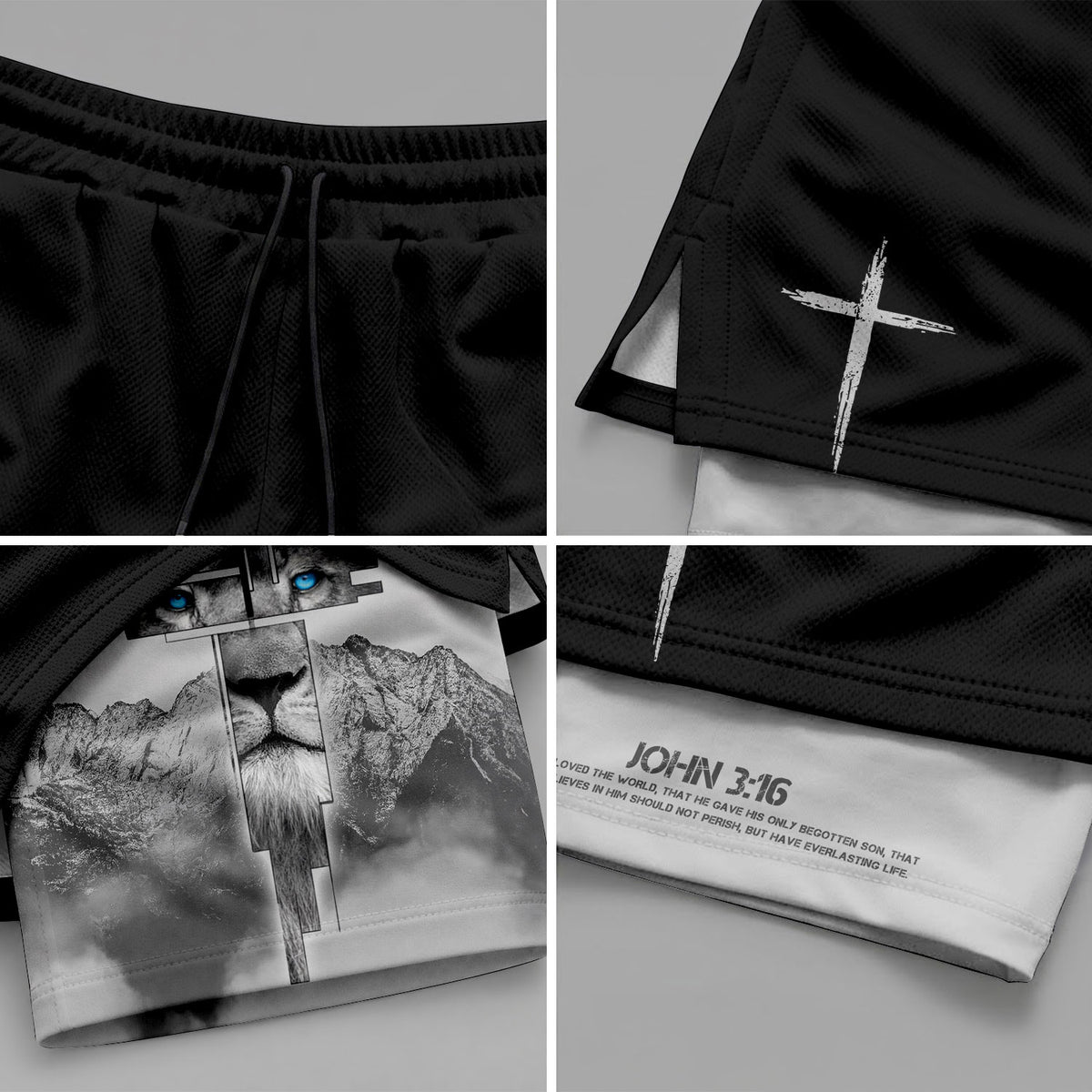 John 3:16 Christian Gym Shorts for Men with Liner Lion Cross Design - Rust Field Wear