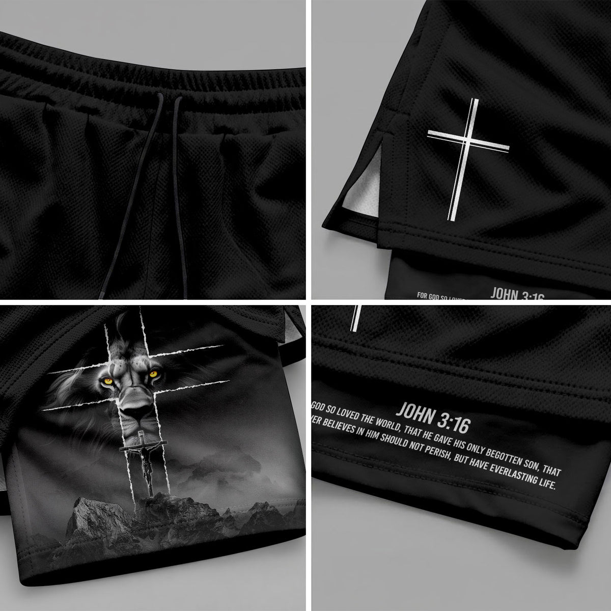 John 3:16 Christian Gym Shorts for Men with Liner Golden Eye Lion Design - Rust Field Wear