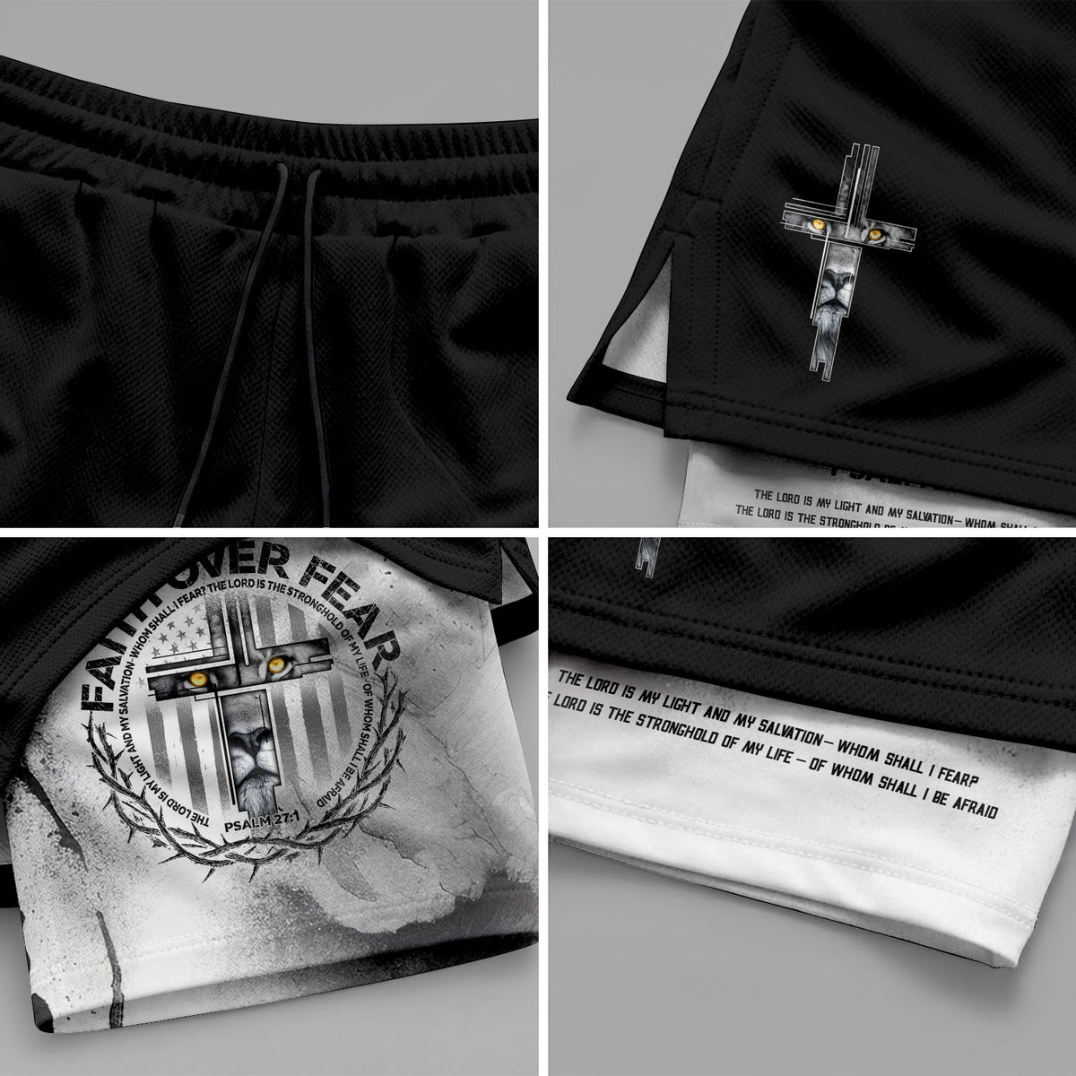 Faith Over Fear Christian Gym Shorts for Men Psalm 27:1 Armor Cross Lion - Rust Field Wear
