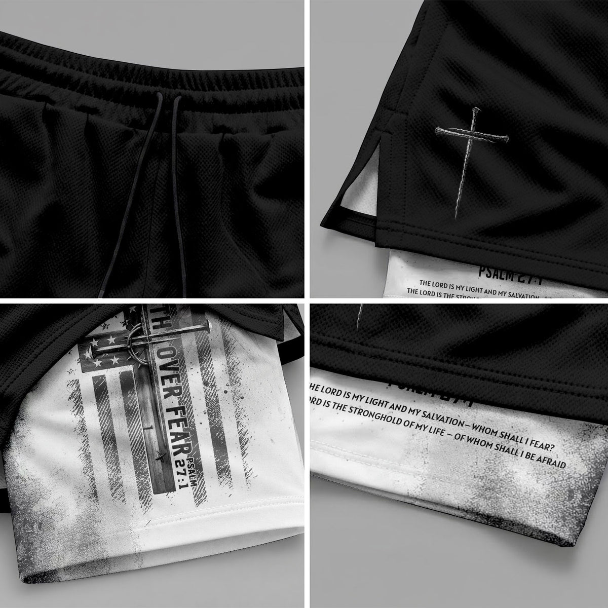 Faith Over Fear Christian Gym Shorts for Men Psalm 27:1 White Flag Cross - Rust Field Wear