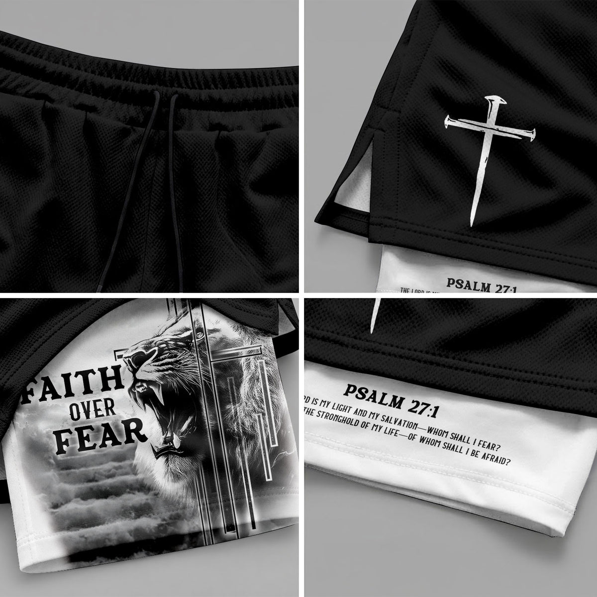Faith Over Fear Christian Gym Shorts Psalm 27:1 Lion Cross - Rust Field Wear
