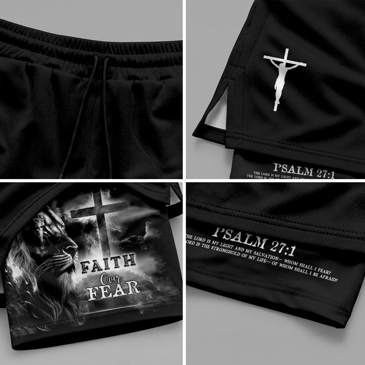 Faith Over Fear Psalm 27:1 Jesus Cross Lion Christian Gym Shorts - Rust Field Wear