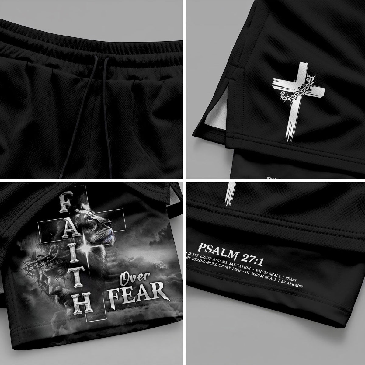 Faith Over Fear Psalm 27:1 Lion Cross Christian Gym Shorts for Men - Rust Field Wear
