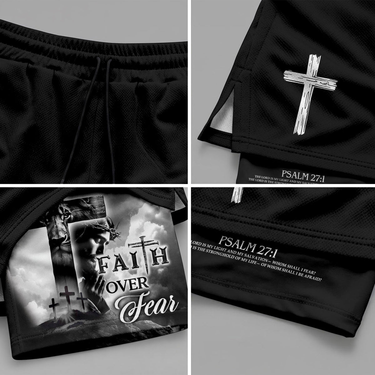 Faith Over Fear Christian Gym Shorts for Men Psalm 27:1 Cross of Jesus - Rust Field Wear