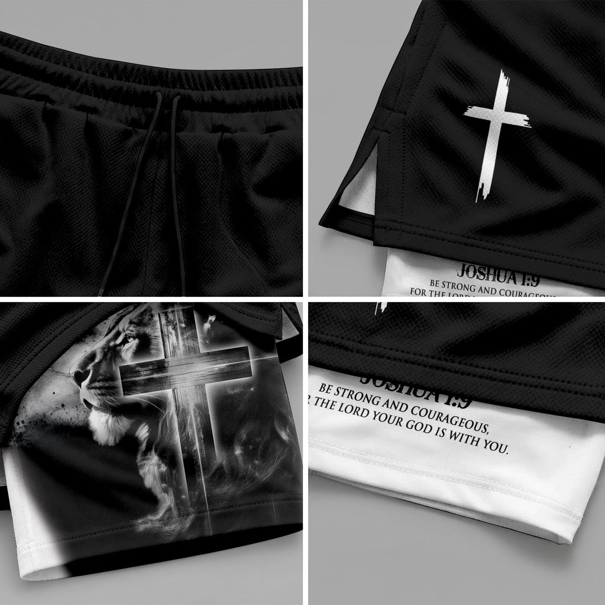 Joshua 1:9 Christian Gym Shorts for Men Lion Cross Bible Verse - Rust Field Wear