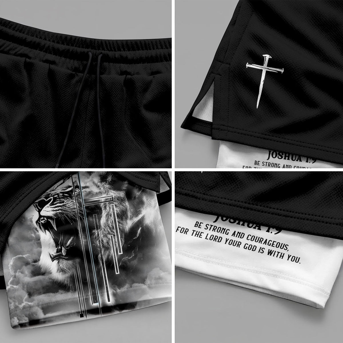 Joshua 1:9 Christian Gym Shorts for Men Lion Cross Faith Design - Rust Field Wear