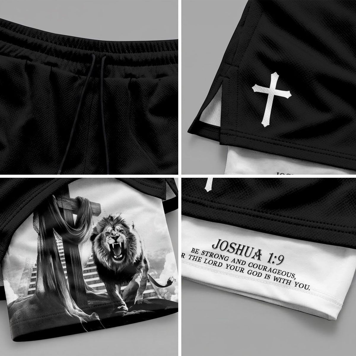 Joshua 1:9 Christian Gym Shorts for Men Lion Cross Courage Design - Rust Field Wear