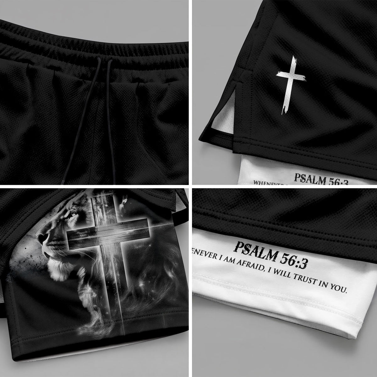 Psalm 56:3 Christian Gym Shorts for Men Lion Cross Faith Design - Rust Field Wear