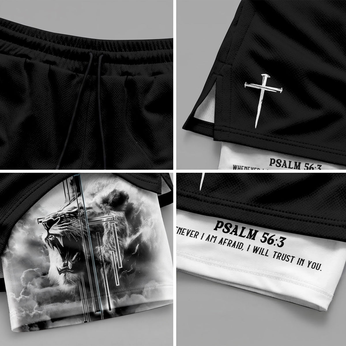 Psalm 56:3 Christian Gym Shorts for Men Fearless Lion Cross Design - Rust Field Wear