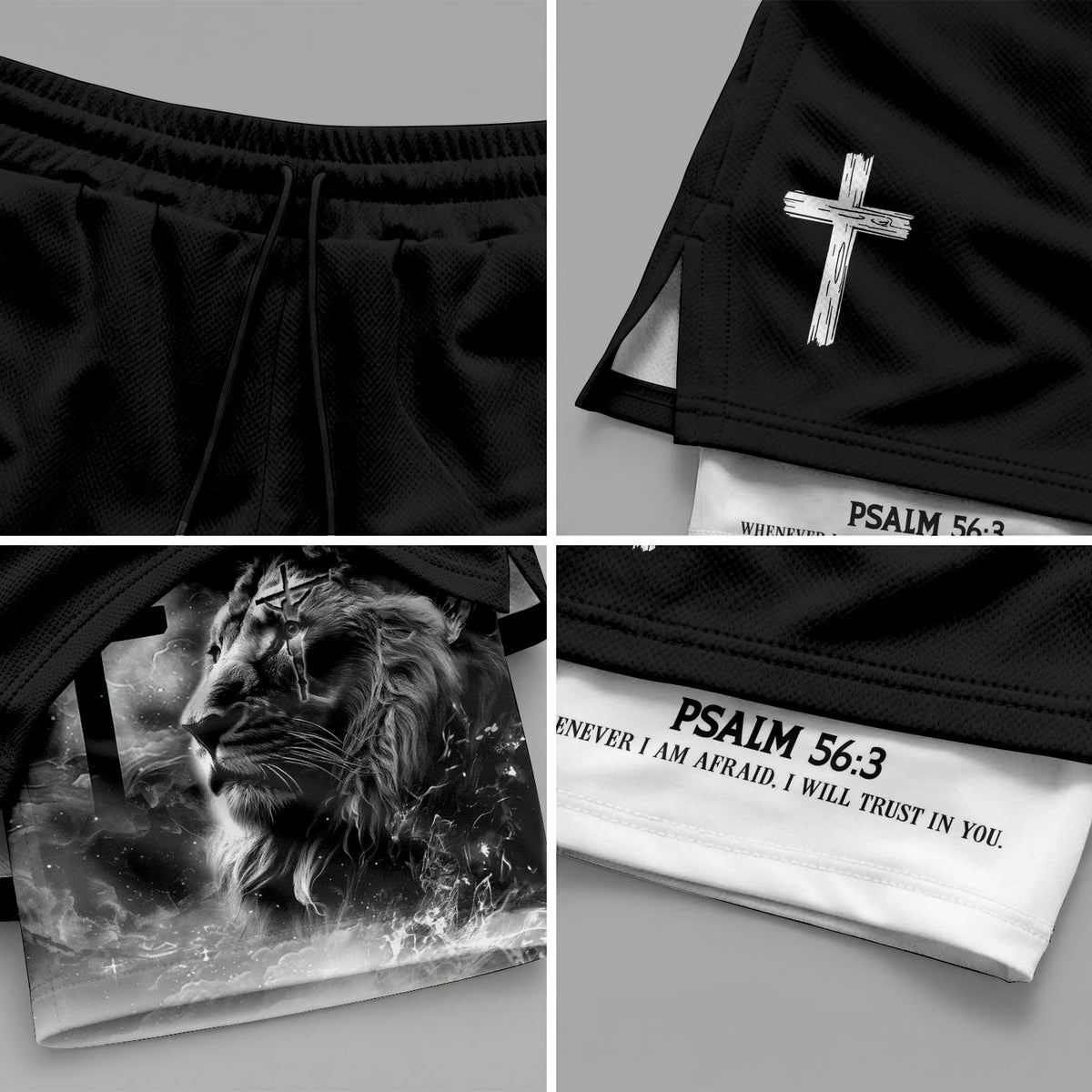 Psalm 56:3 Christian Gym Shorts for Men Lion of Judah Cross Design - Rust Field Wear
