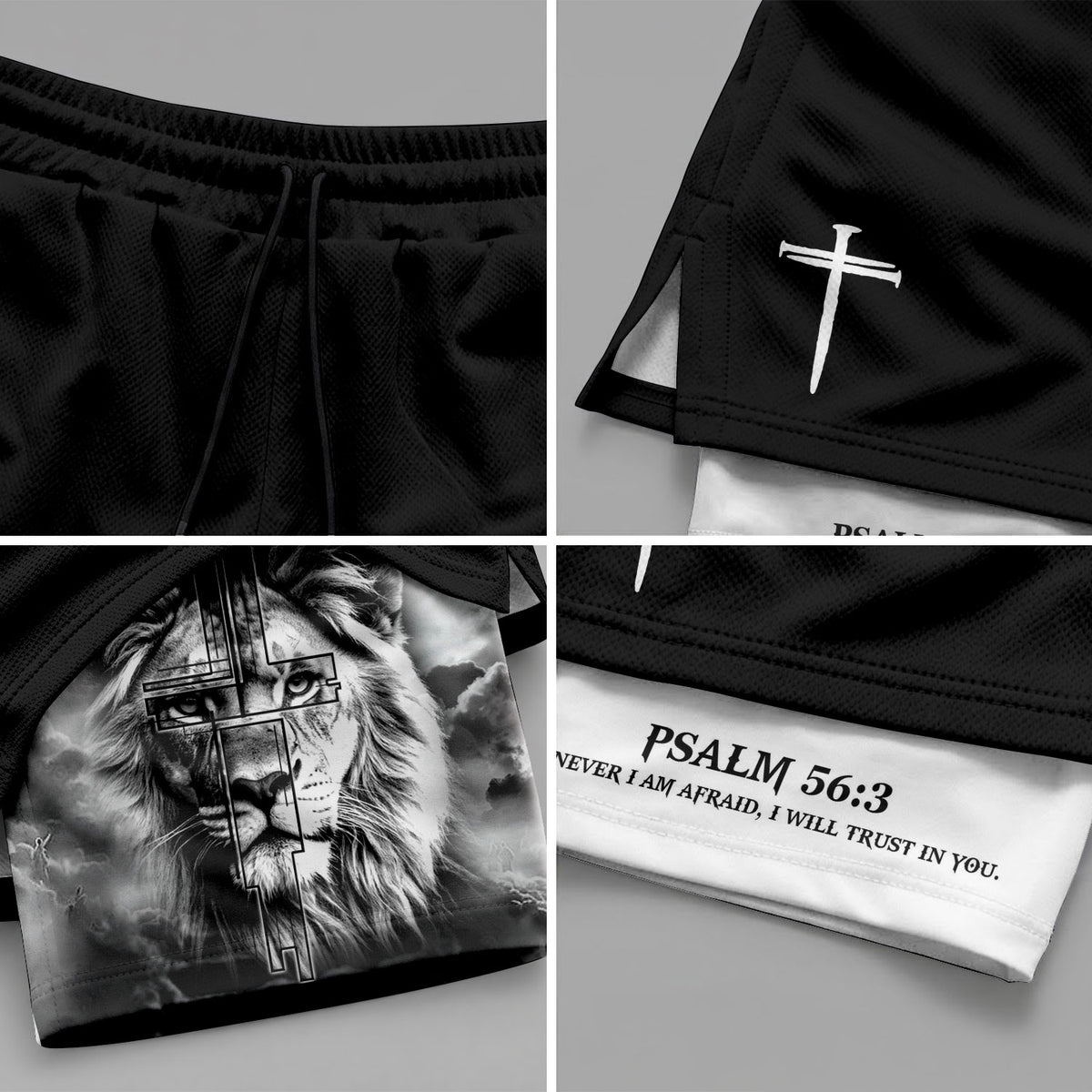 Psalm 56:3 Christian Gym Shorts for Men Trust in God Lion Cross Design - Rust Field Wear