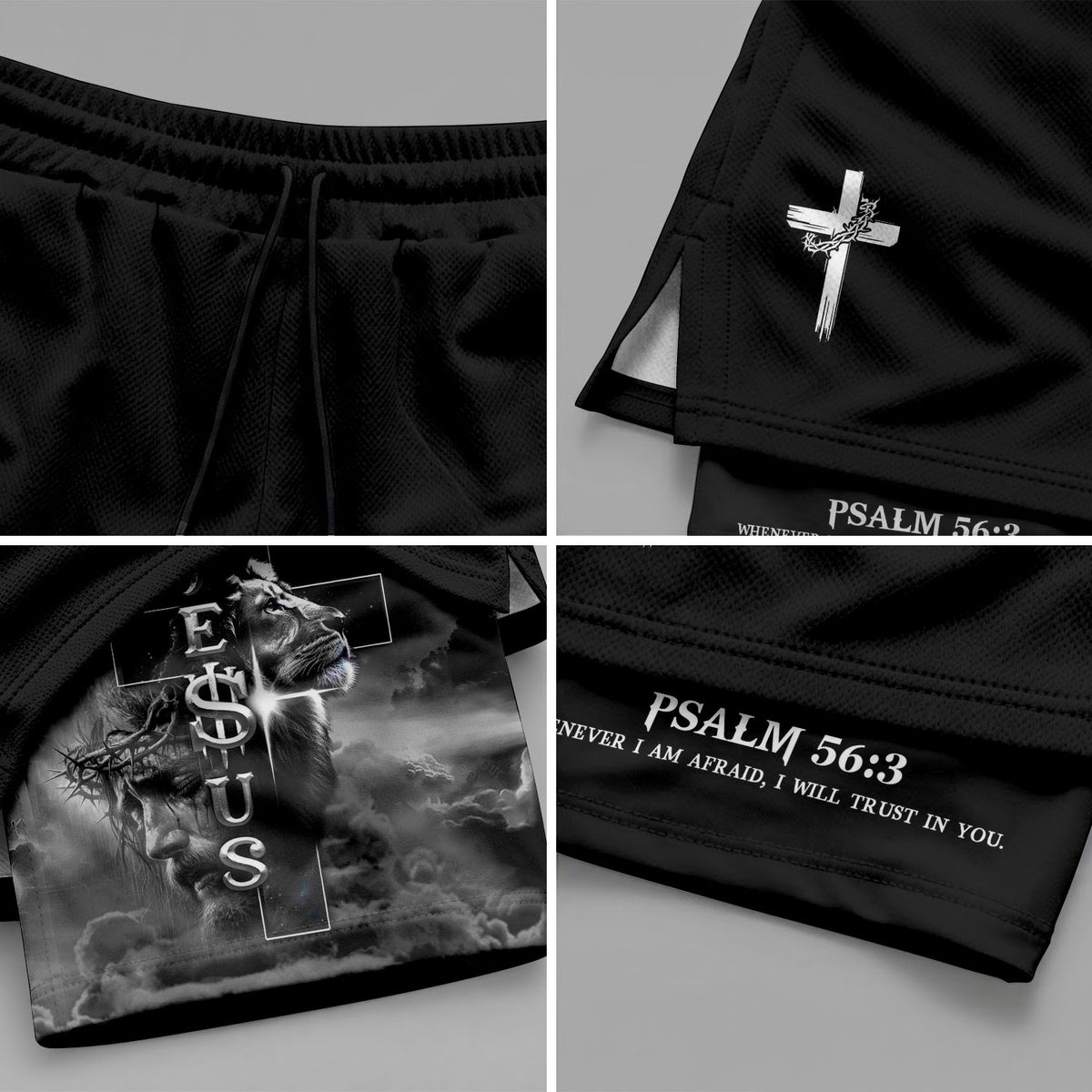 Psalm 56:3 Christian Gym Shorts for Men Jesus Cross Lion Design - Rust Field Wear