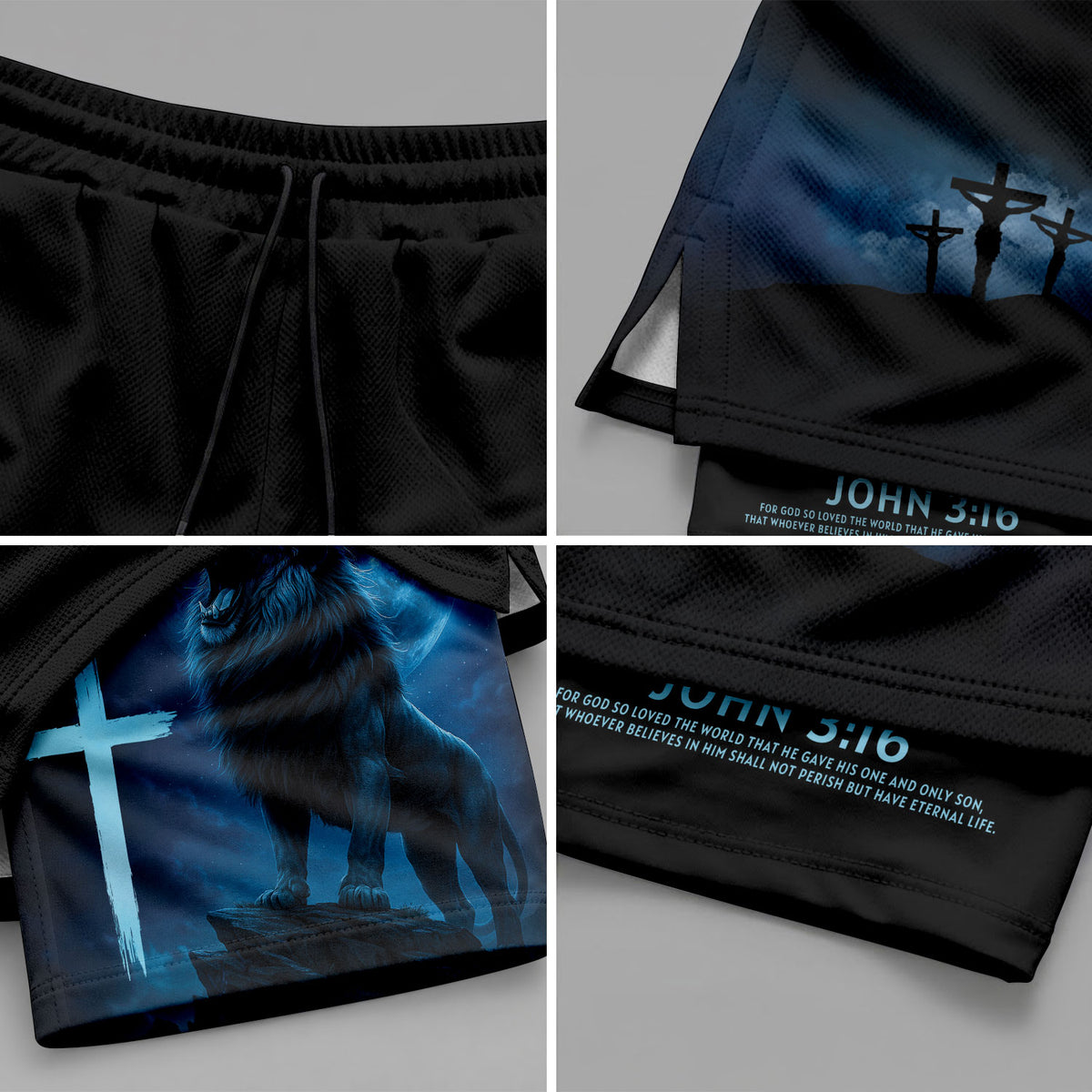 John 3:16 Christian Gym Workout Shorts Men Lion Cross Bible Verse Blue - Rust Field Wear