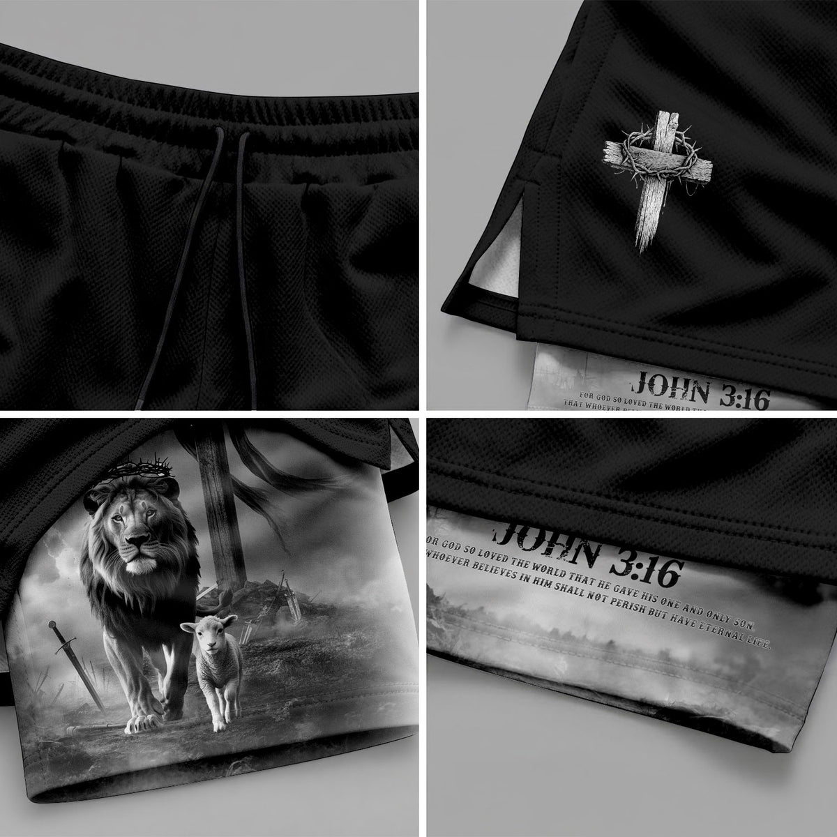 John 3:16 Christian Gym Workout Shorts Men Lion and Lamb Cross Bible Verse - Rust Field Wear