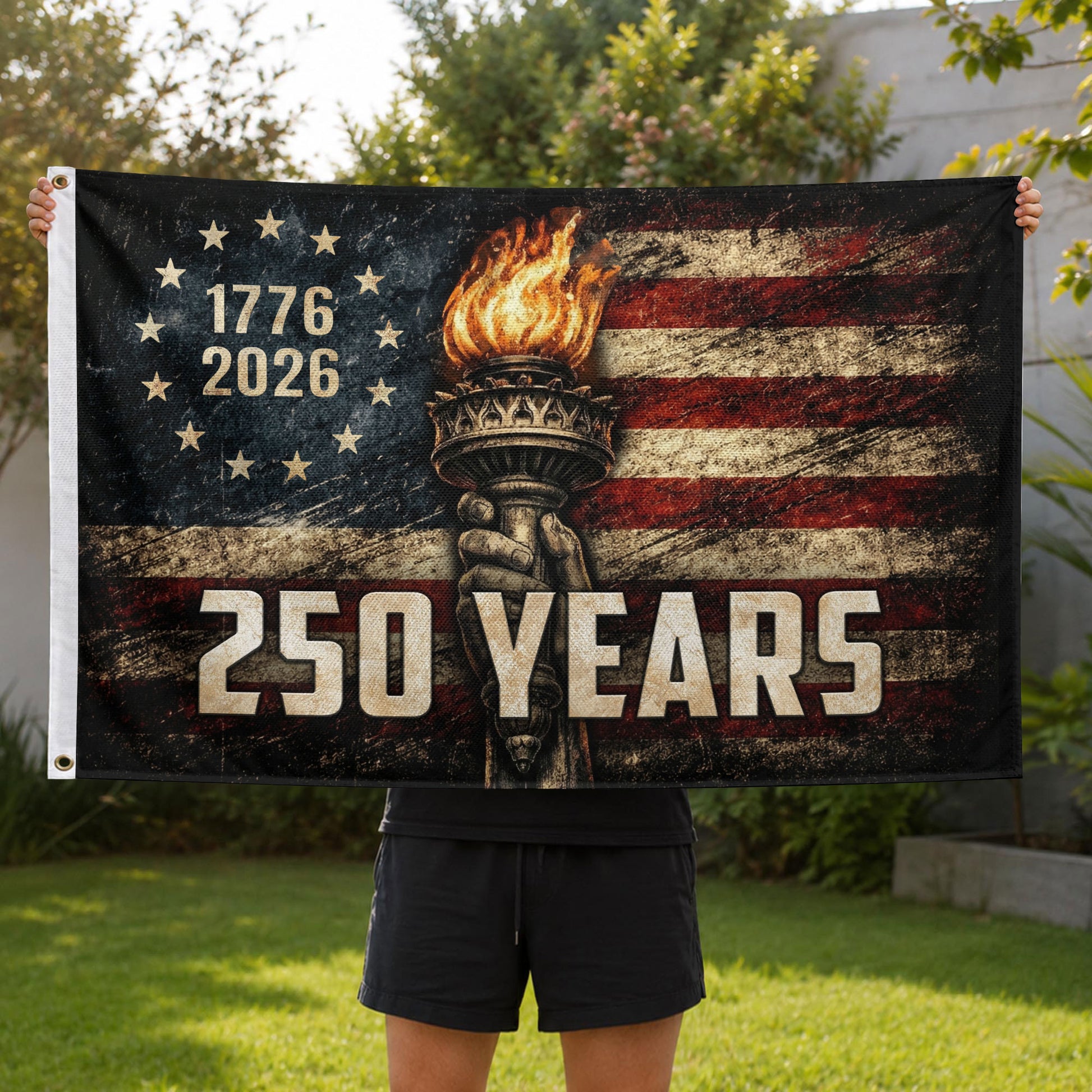 USA 250th Anniversary Flag 1776-2026 American Flag Liberty Torch Patriotic - Rust Field Wear