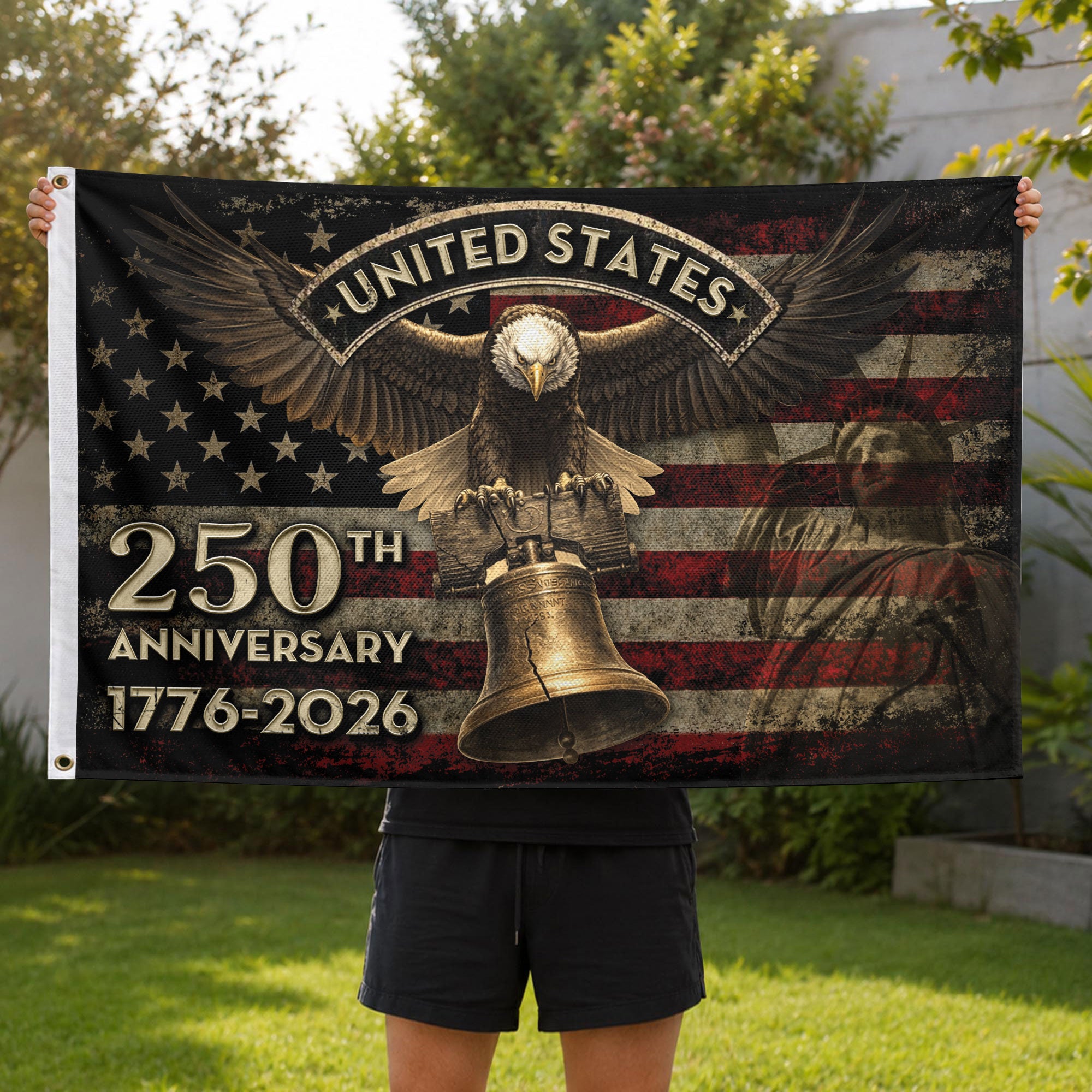 United States 250th Anniversary Flag 1776–2026 – Eagle & Liberty Bell Patriotic Décor