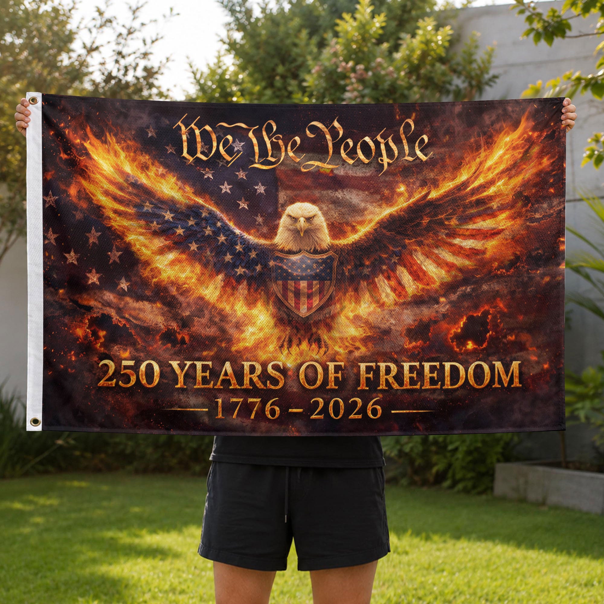 USA 250 Years of Freedom Flag 1776-2026 Flaming Eagle Strength We The People Patriotic Outdoor - Rust Field Wear