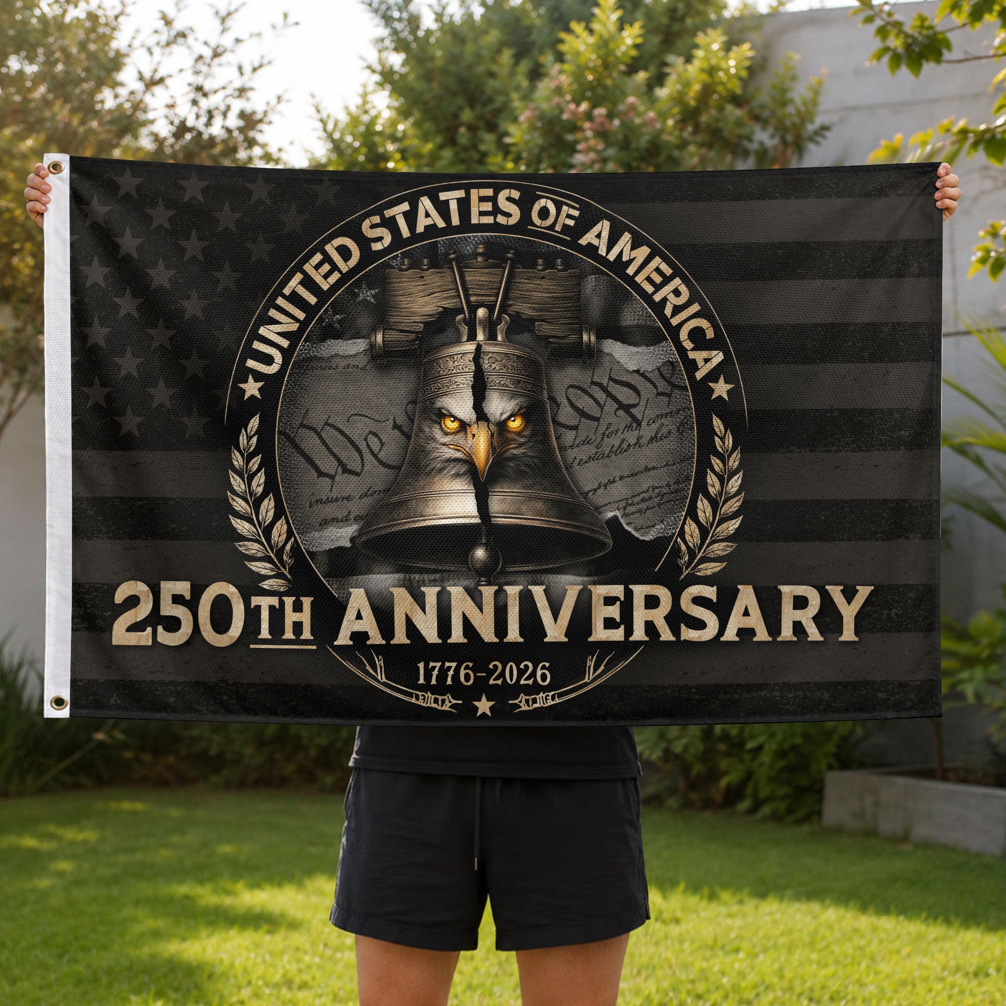 USA 250th Anniversary Flag 1776–2026 – American Flag with Liberty Bell & Eagle Design - Rust Field Wear