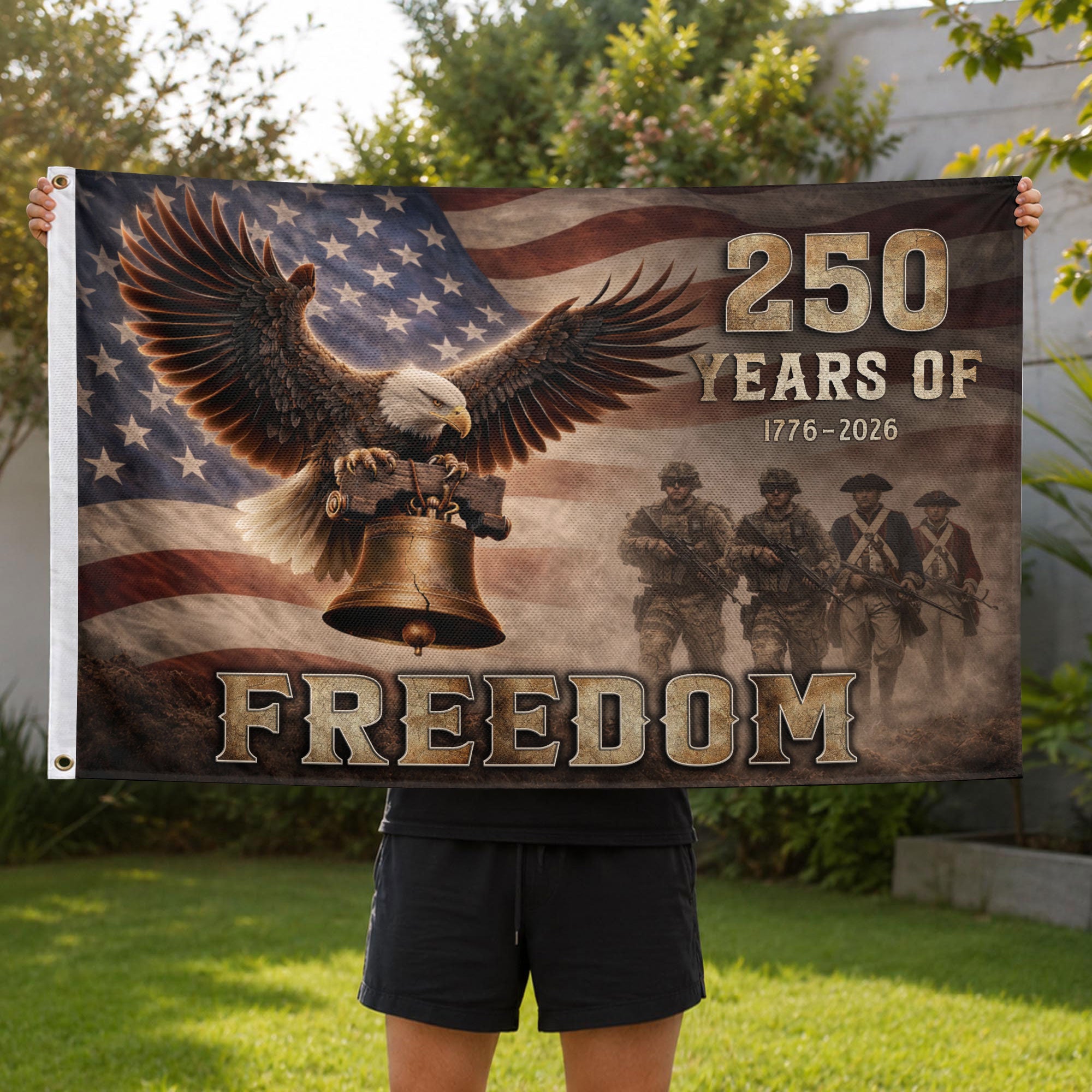 250 Years of Freedom USA Flag 1776–2026 – American Flag with Eagle & Liberty Bell Design - Rust Field Wear